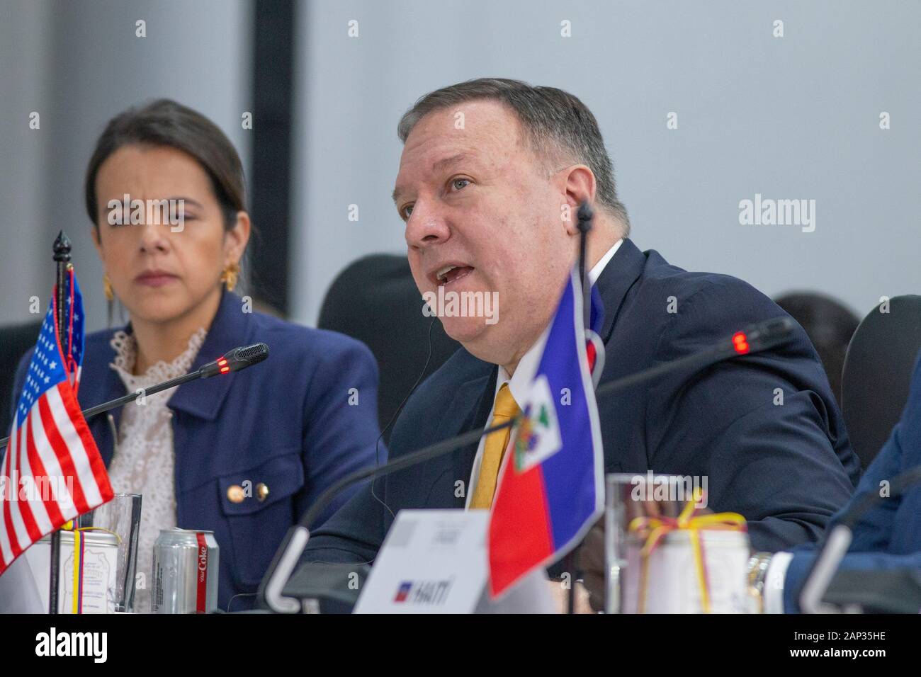 U.S. Secretary of State Mike Pompeo speaks during the opening of a regional counter-terrorism meeting at the police academy in Bogota. Stock Photo