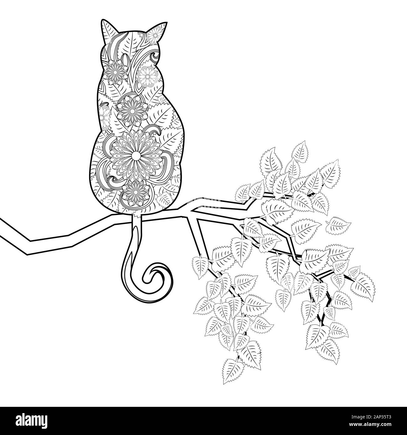 Coloring book Magic cat for adults. Hand drawn artistically ethnic ornament with patterned illustration Stock Vector