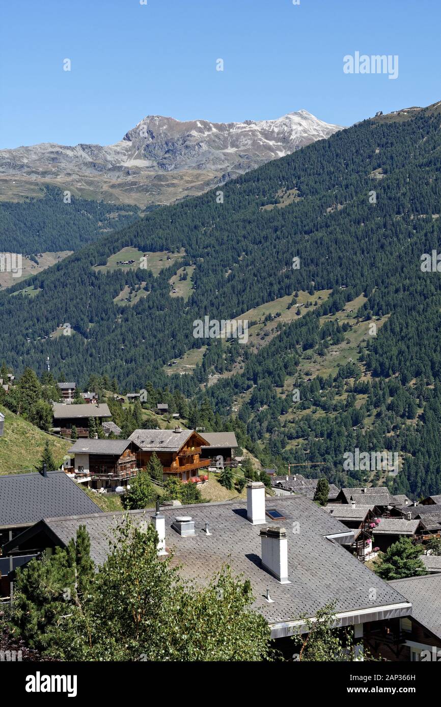 View of Grimentz, Bella Tola and Rothorn, Valais, Switzerland, Europe. Stock Photo