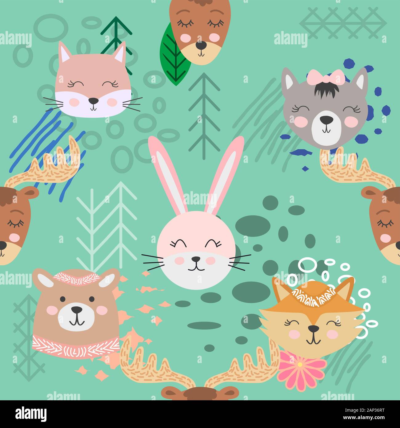 Hand drawn camping seamless pattern with cartoon characters Stock Vector