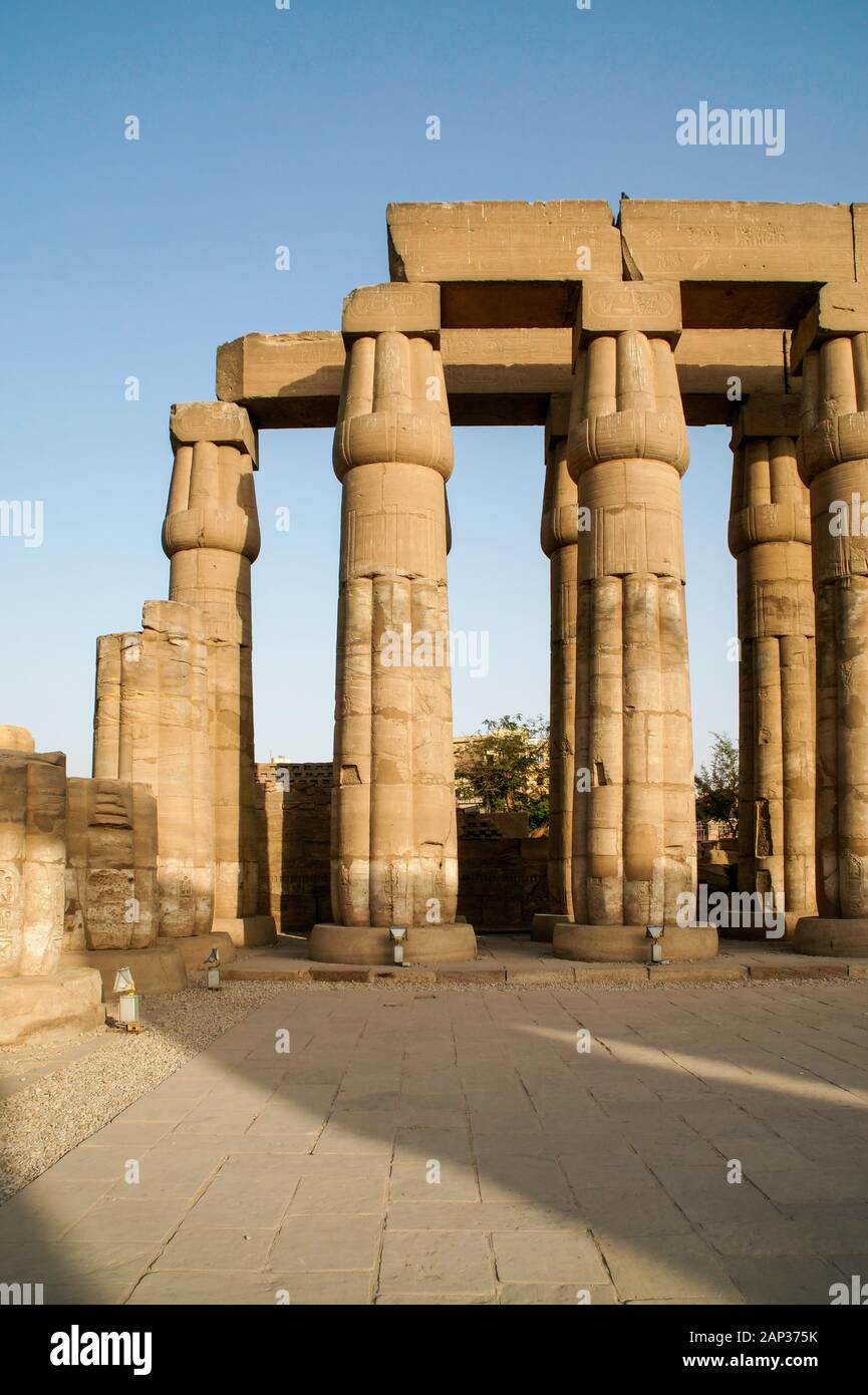 Egypt,Luxor, Luxor Temple,معبد الاقصر; Thebes; Karnak; Columns and headers with carvings and hieroglyphics. Stock Photo