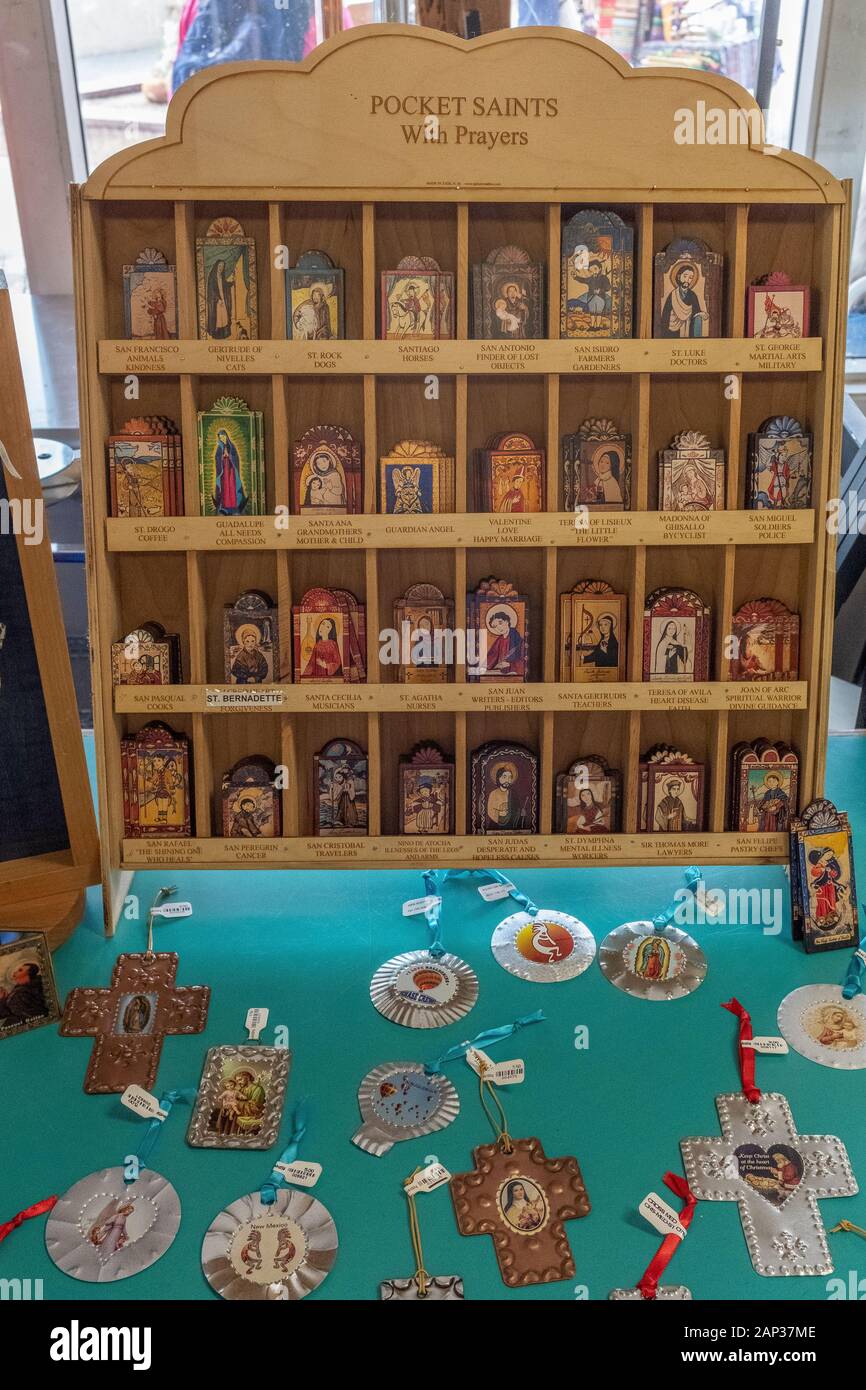 "Pocket Saints" with prayers sold in Old Town Albuquerque, New Mexico Stock Photo