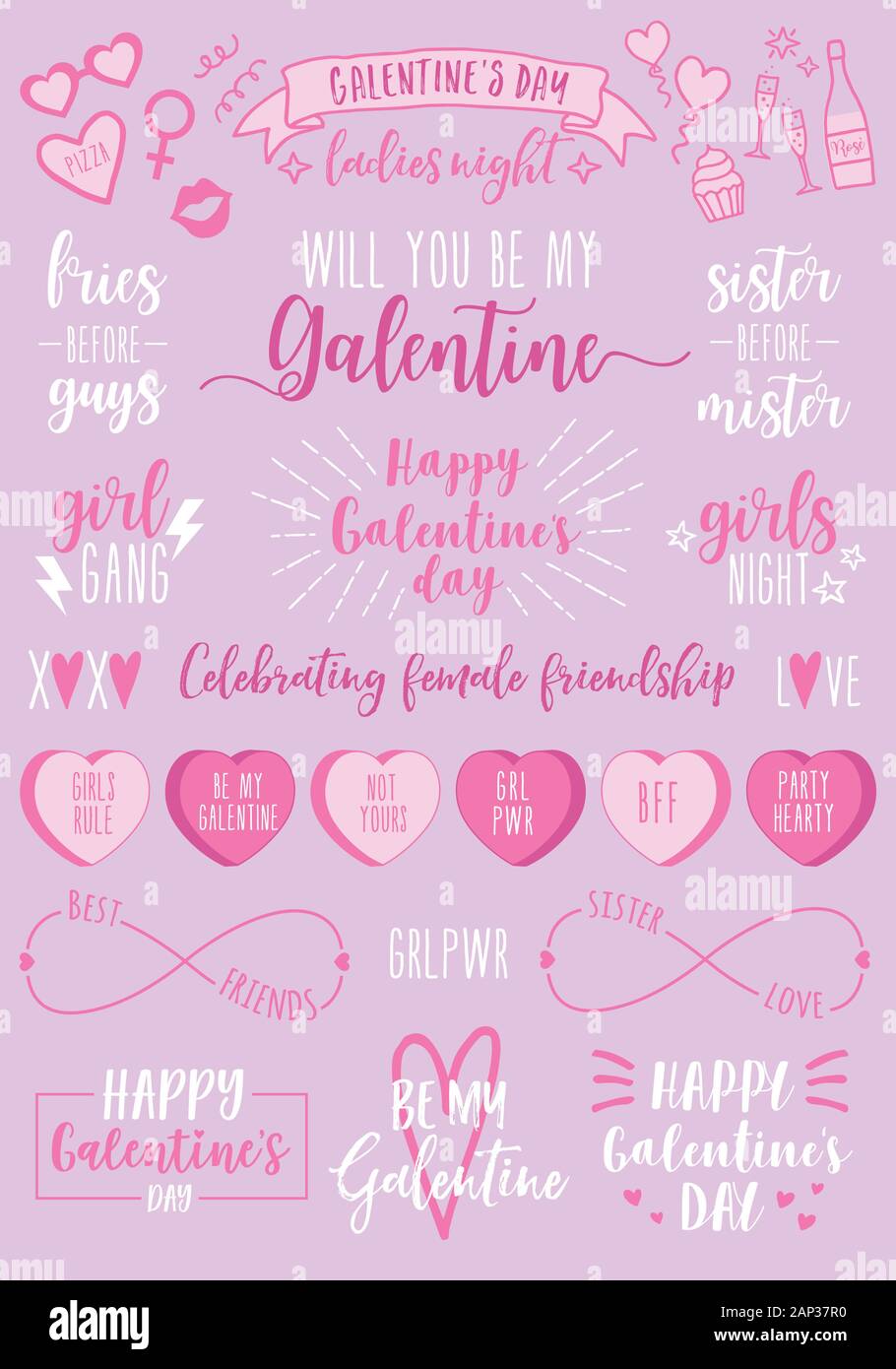 Galentines day, hand drawn vector design elements for Valentine's day card, Galentines day, ladies night, female party invitation Stock Vector