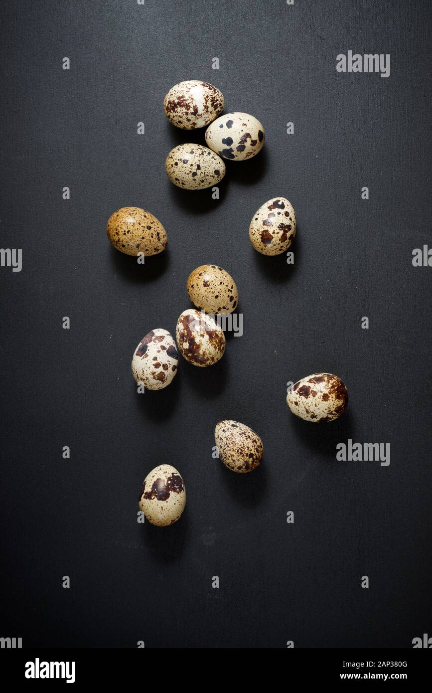 Quail eggs on a black table. Stock Photo