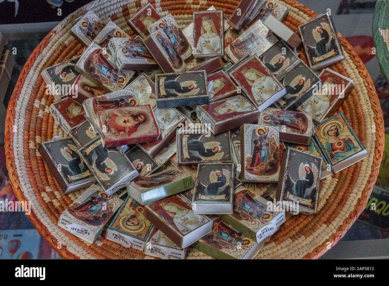 "Spiritual Mini Matchboxes" for sale in Old Town Albuquerque, New Mexico Stock Photo