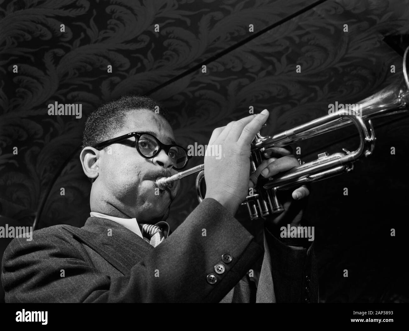 Dizzy Gillespie Performing with Trumpet, New York City, New York, USA, photograph by William P. Gottlieb, May 1947 Stock Photo