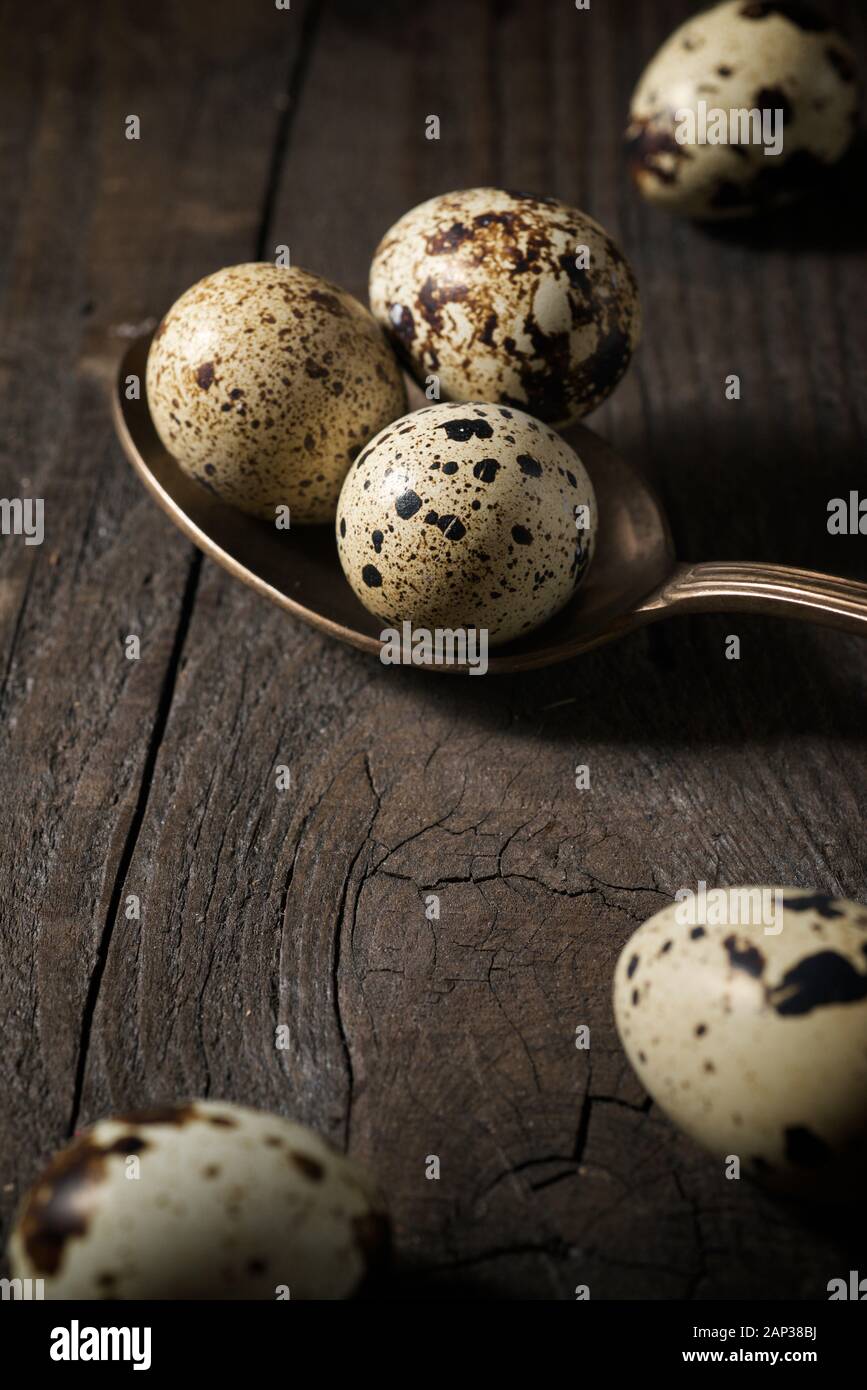 Quail eggs on a wooden table. Stock Photo