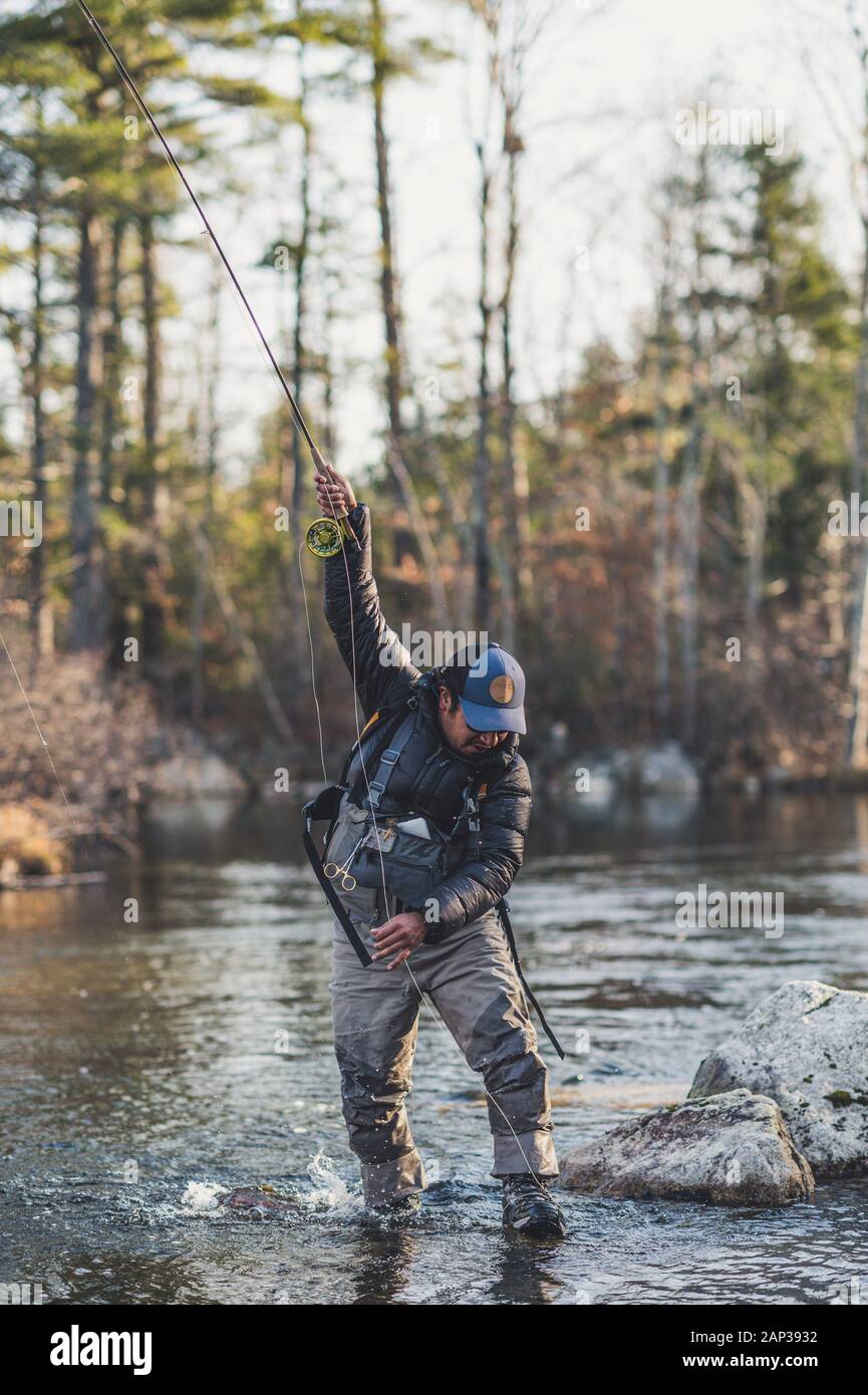 A man gets wrapped up in his flyline while fighting a fish in Maine Stock Photo