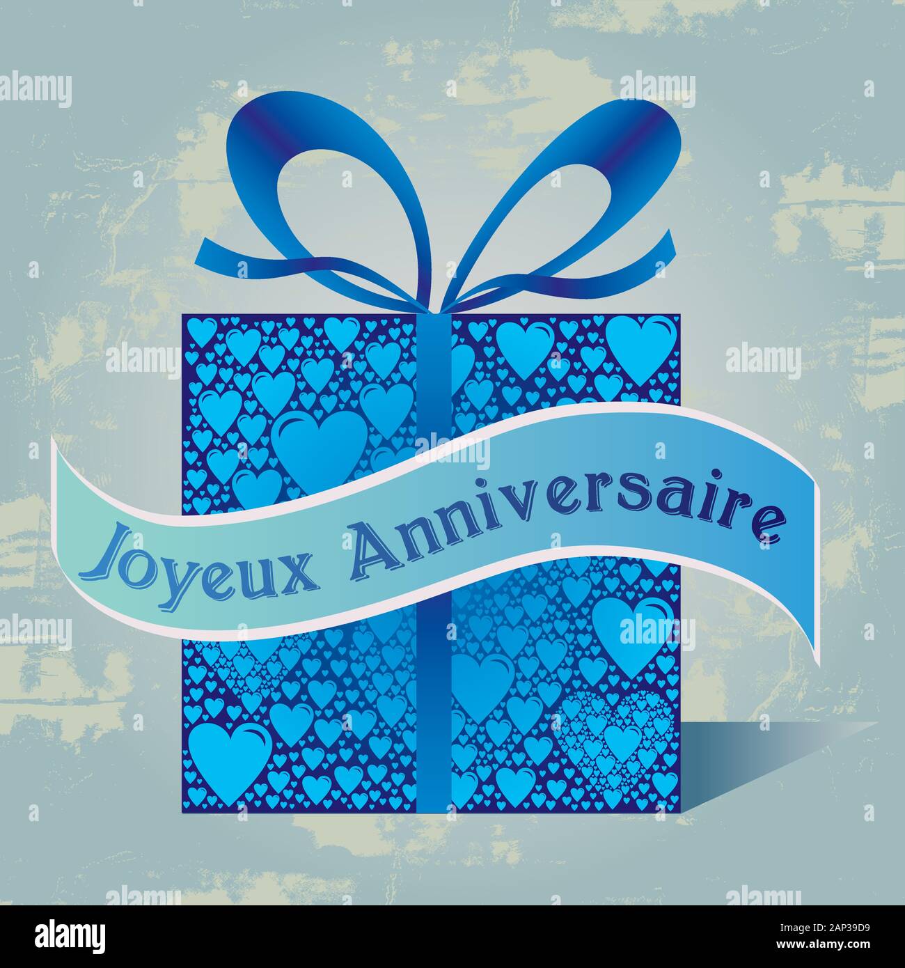 Happy Birthday Gift Box French Text with Heart Pattern and Ribbon in Blue Colors Grunge Vintage Retro Background Stock Vector
