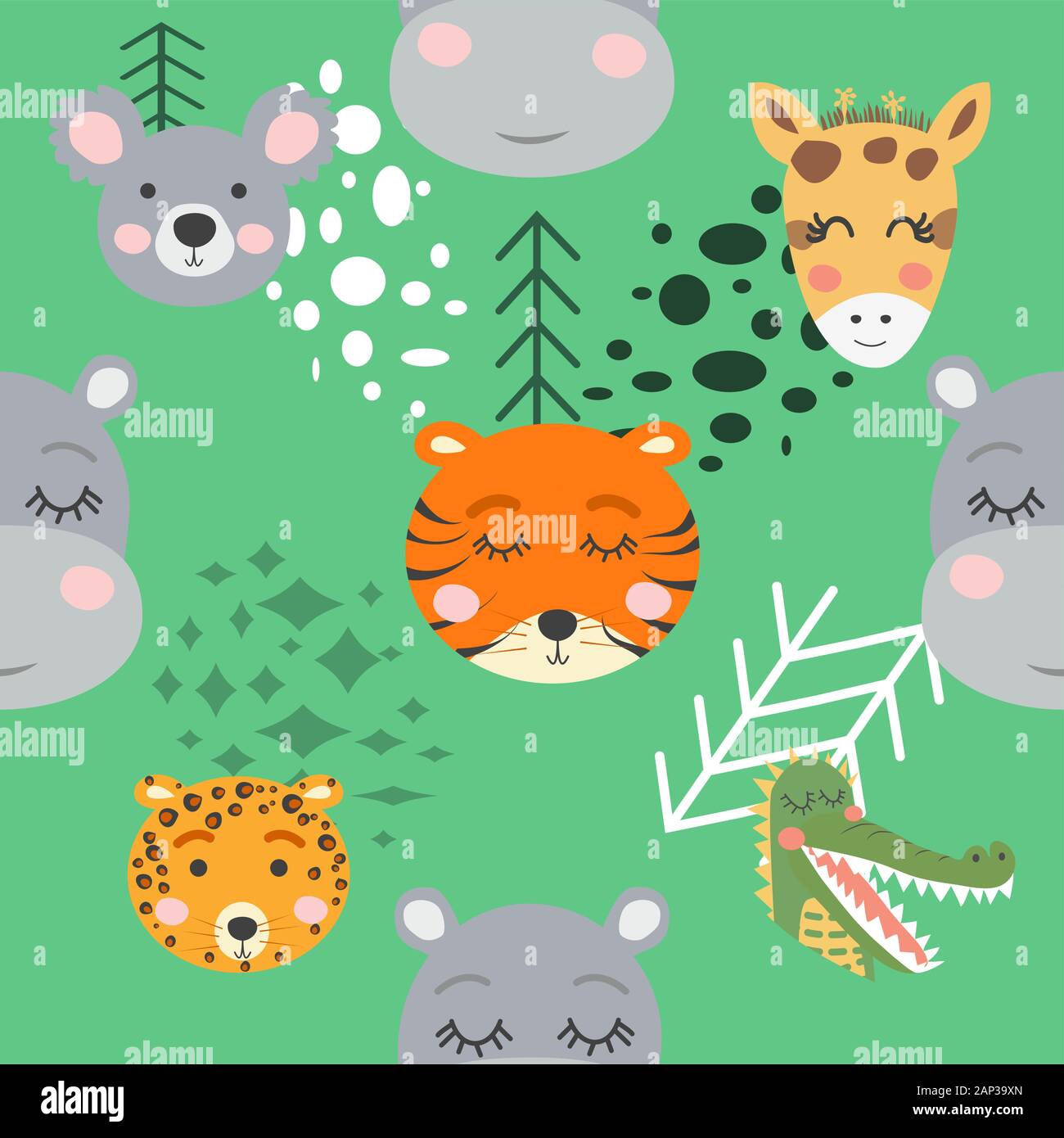 Seamless pattern with rhinoceros, elephant, crocodile. Creative bay animals background. Stock Vector