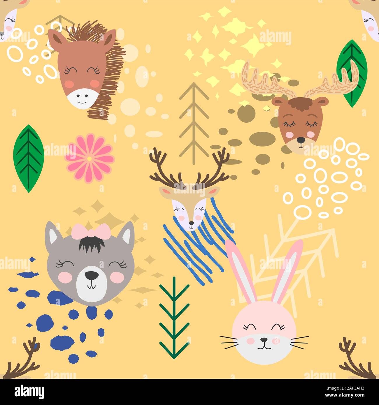 Hand drawn camping seamless pattern with cartoon characters Stock ...
