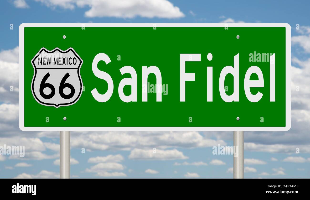 Rendering of a green 3d highway sign for San Fidel New Mexico on Route 66 Stock Photo