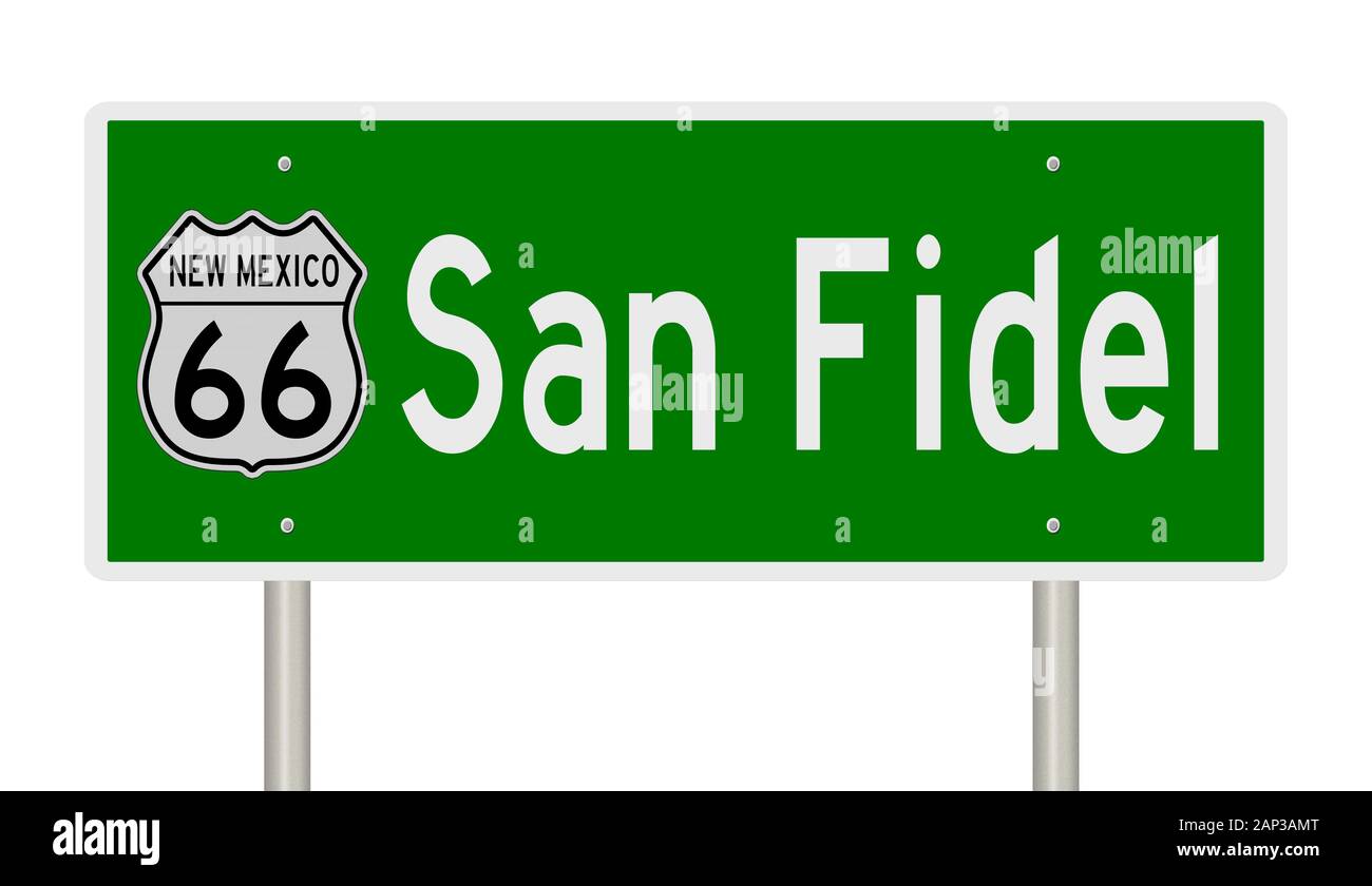 Rendering of a green 3d highway sign for San Fidel New Mexico on Route 66 Stock Photo
