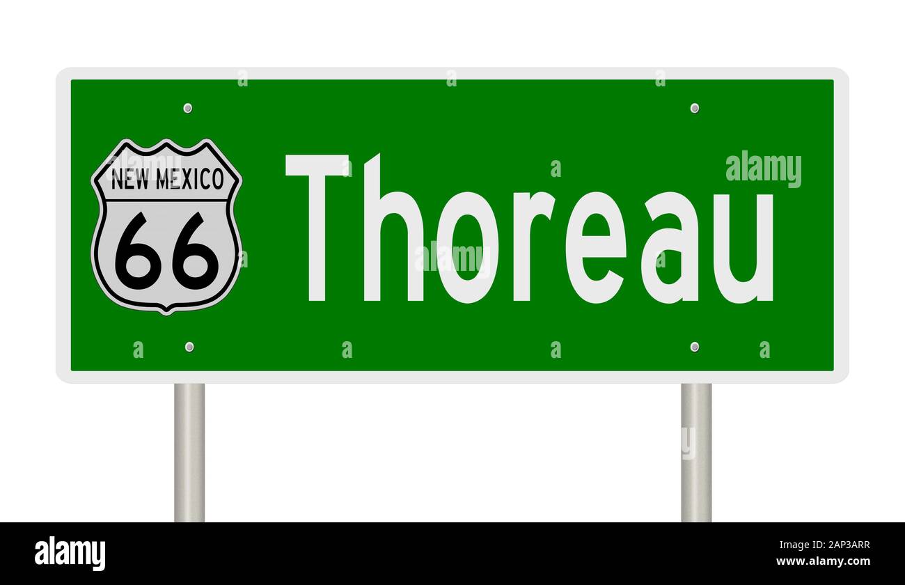 Rendering of a green 3d highway sign for Thoreau New Mexico on Route 66