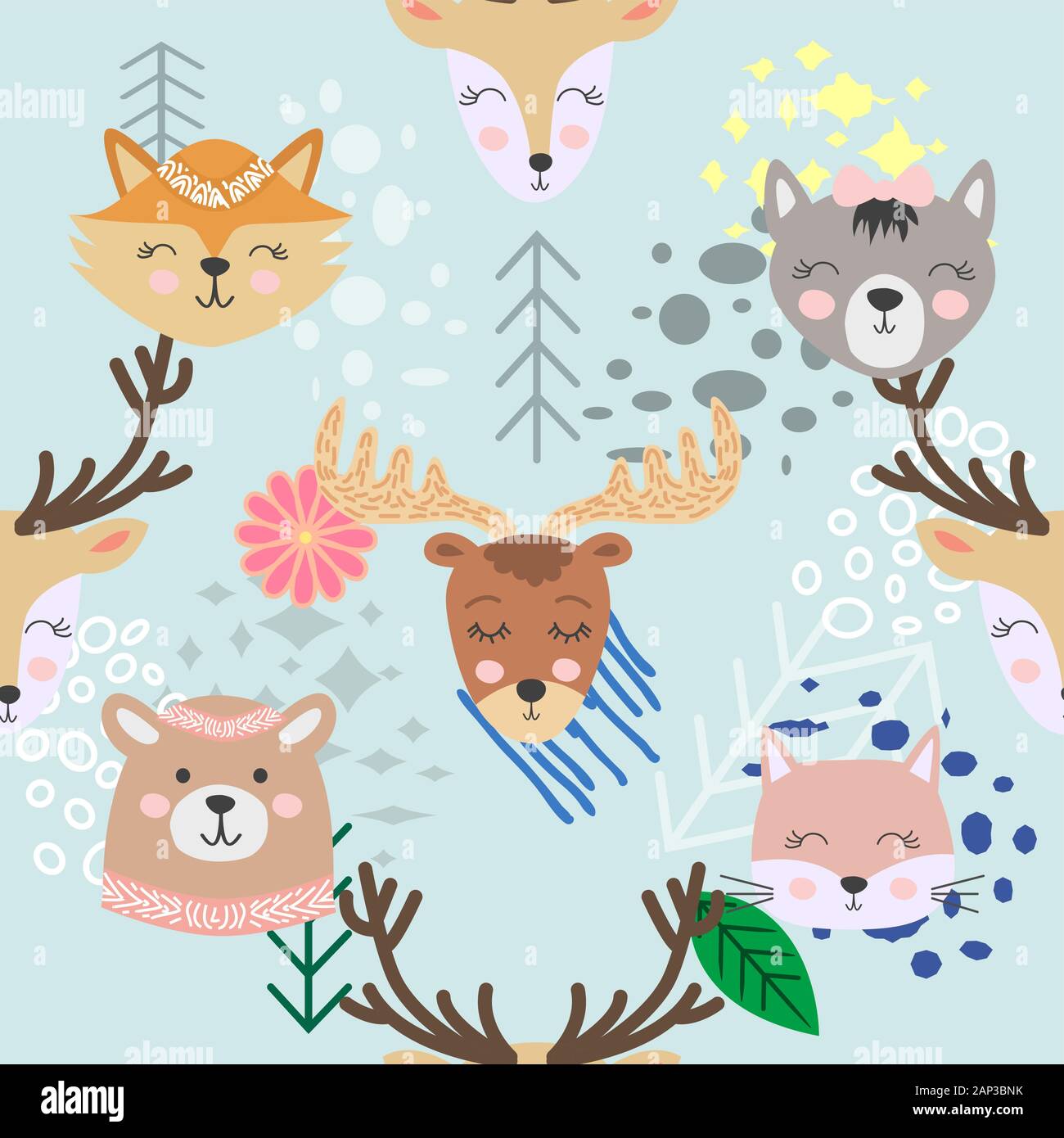 Hand drawn camping seamless pattern with cartoon characters Stock ...