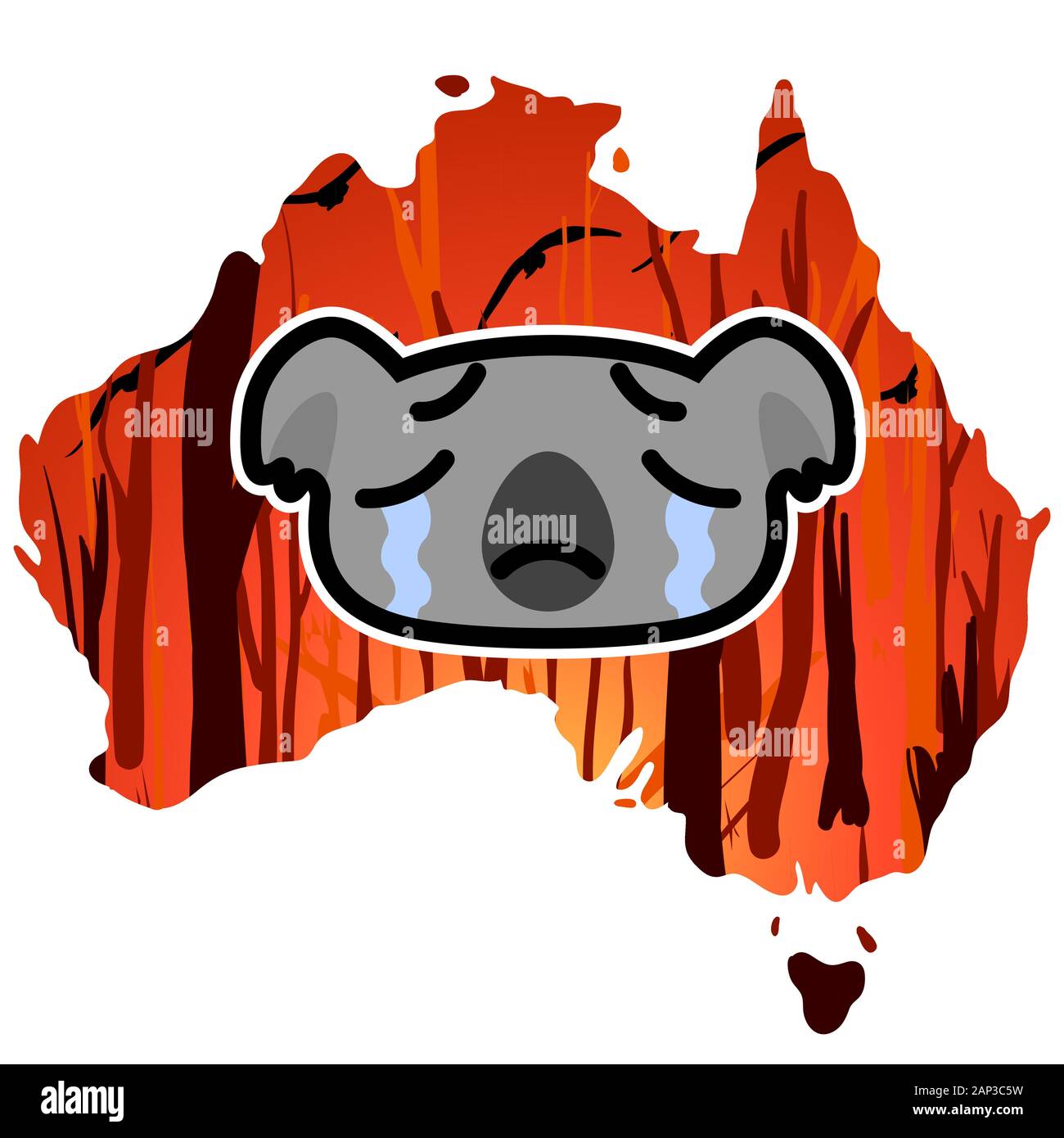 weeping koala icon on a Australia map outline background with a burning forest. Cartoon vector illustration. Stock Vector