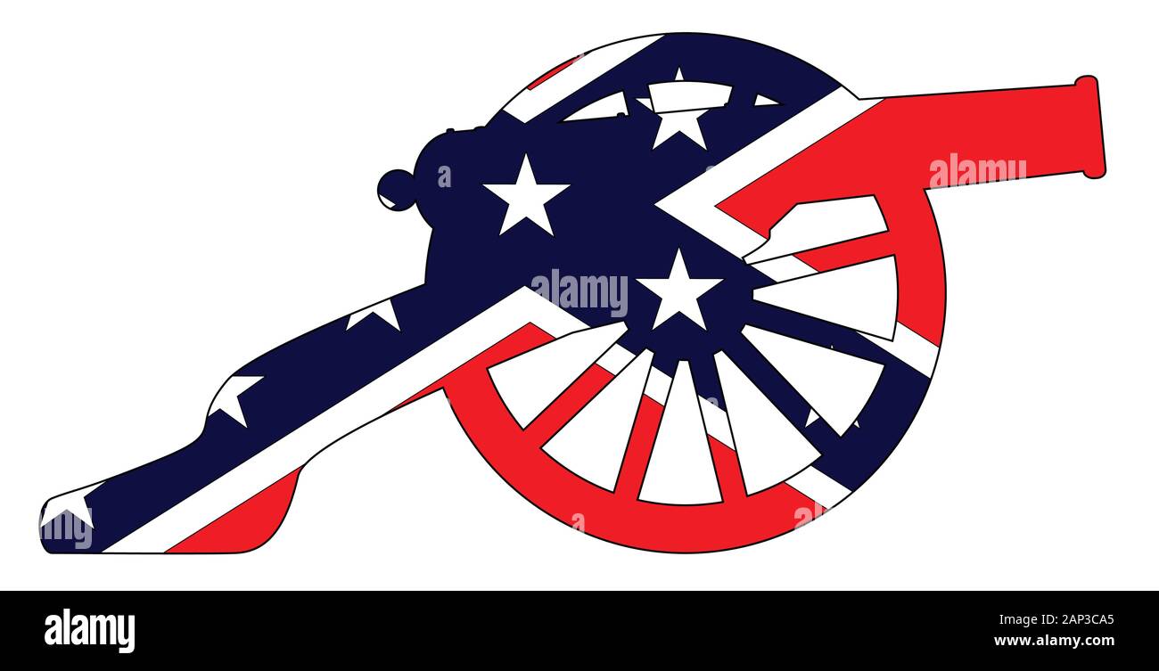 Typical American civil war cannon gun with Southern Rebel flag isolated on a white background Stock Vector