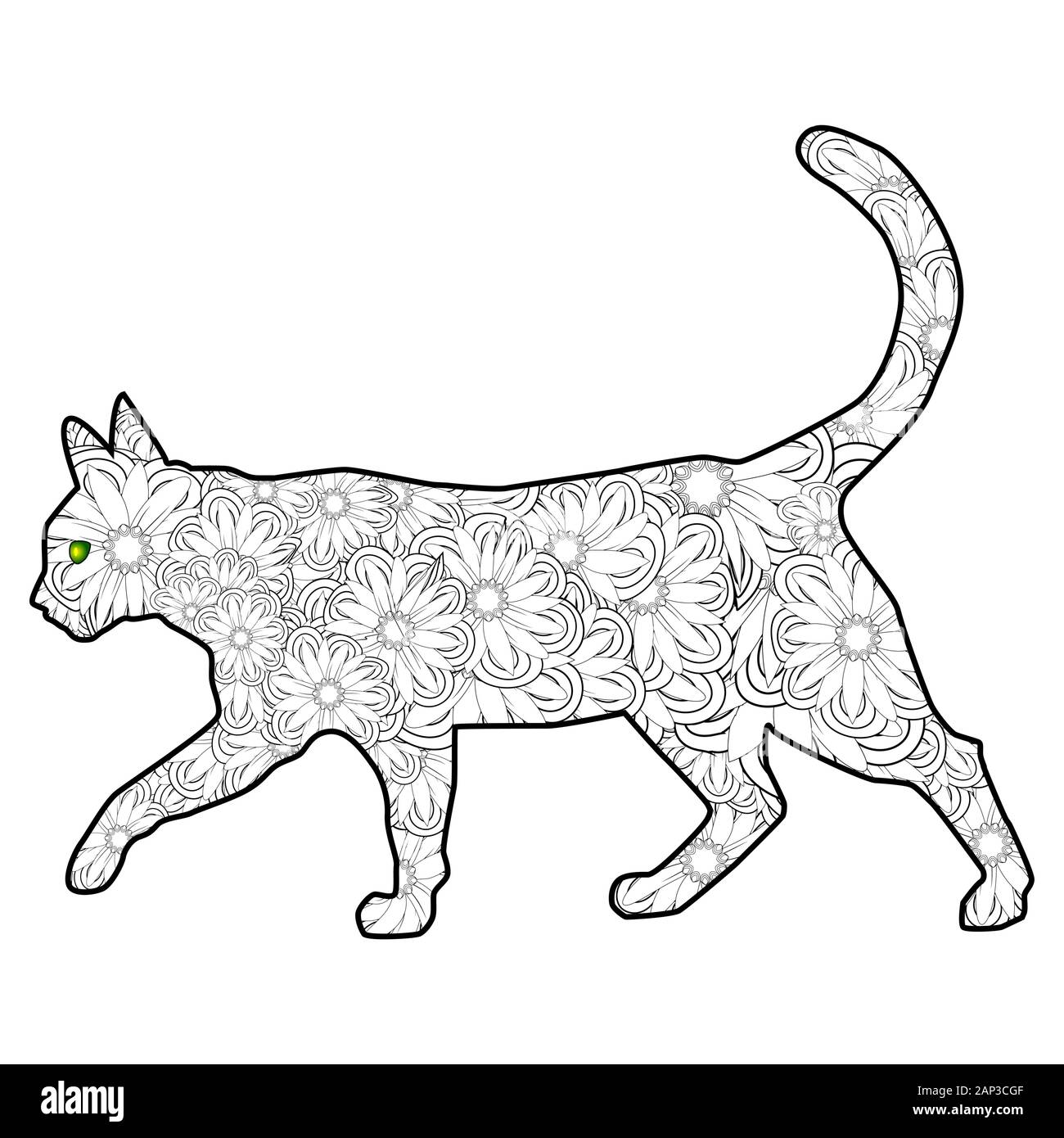 Coloring book Magic cat for adults. Hand drawn artistically ethnic ...