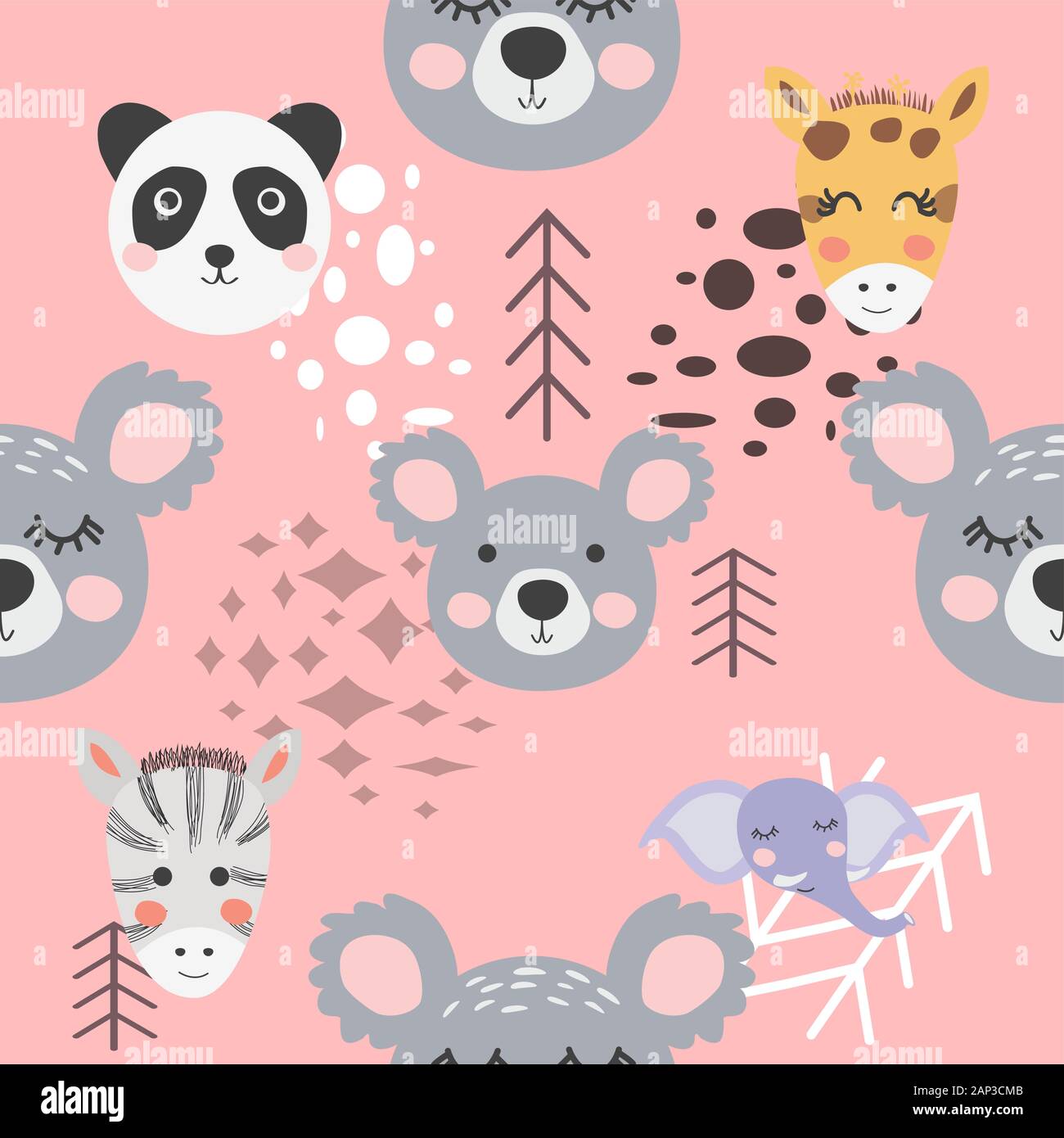 Cute hand drawn nursery seamless pattern with wild animals in ...
