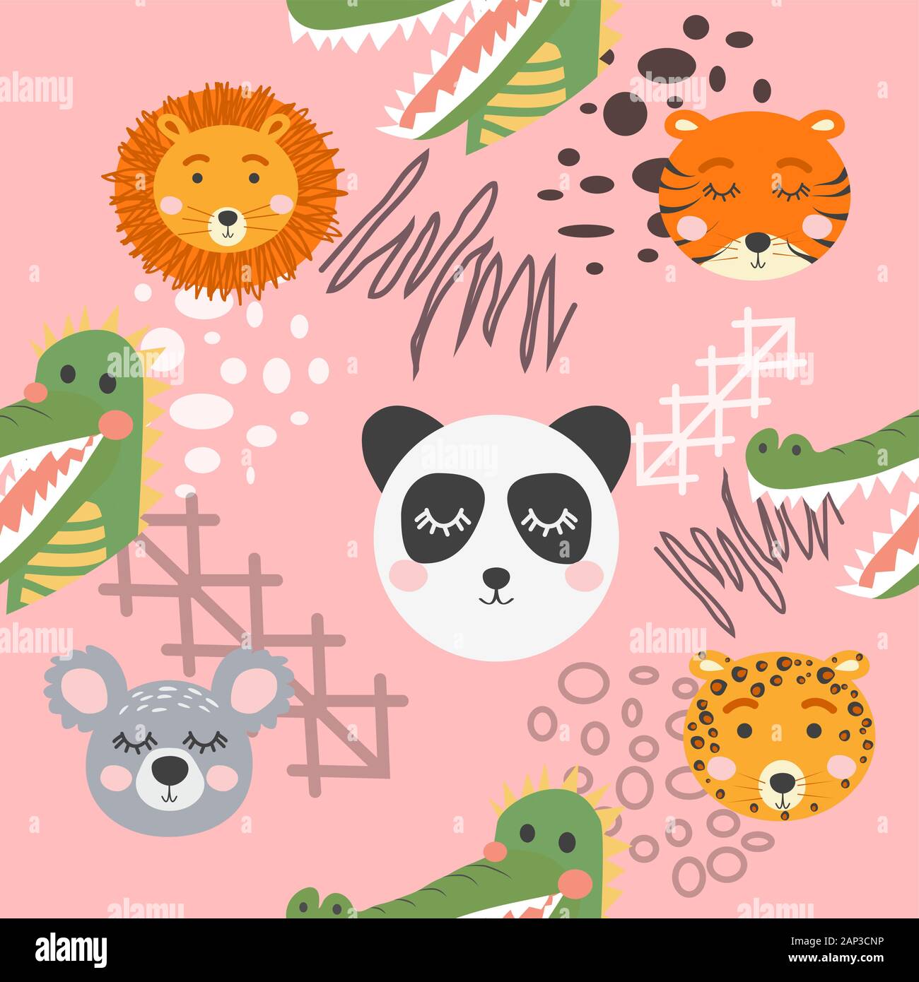 Seamless childish pattern with cute animal faces. Creative nursery ...