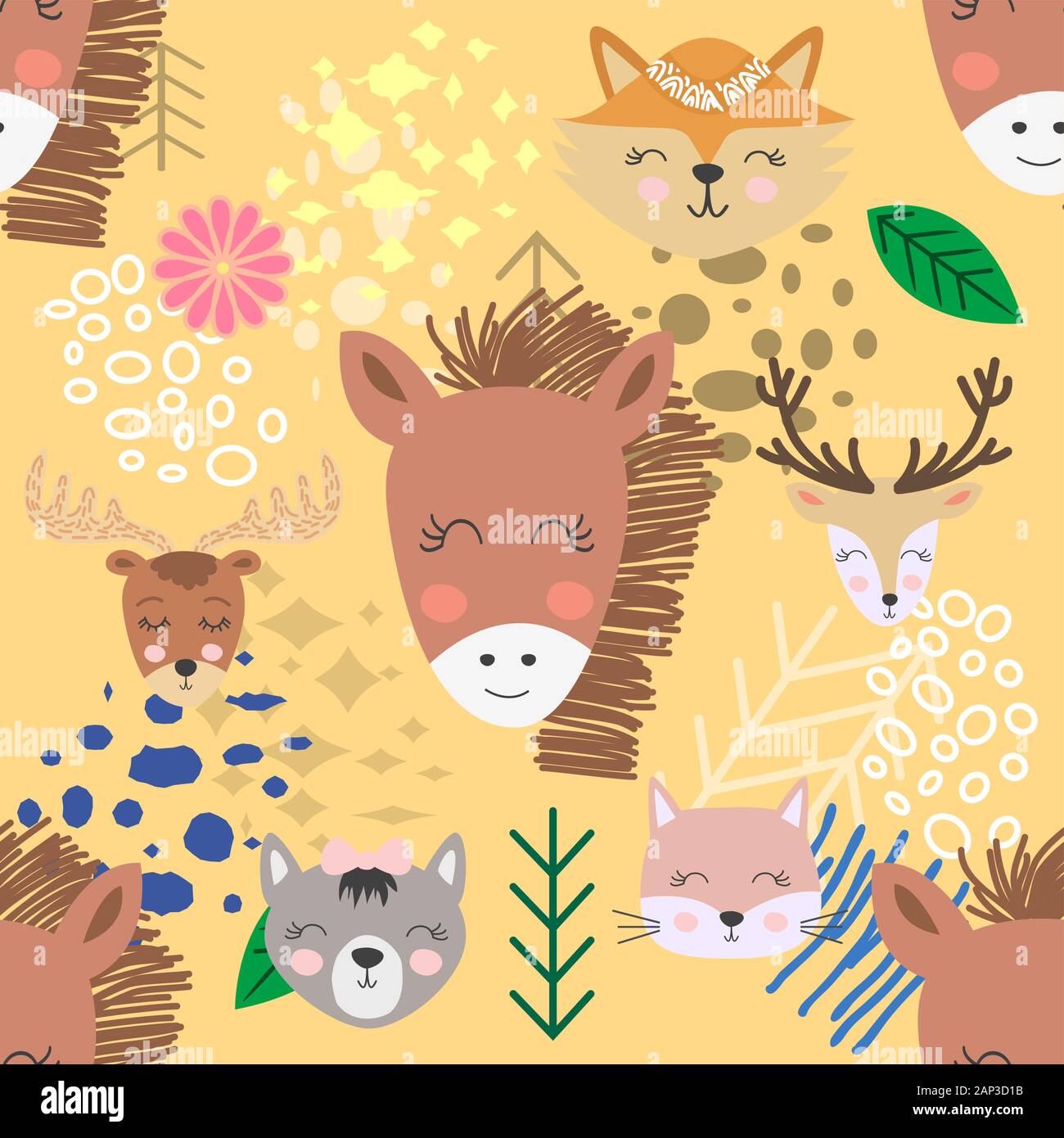 Hand drawn camping seamless pattern with cartoon characters Stock ...