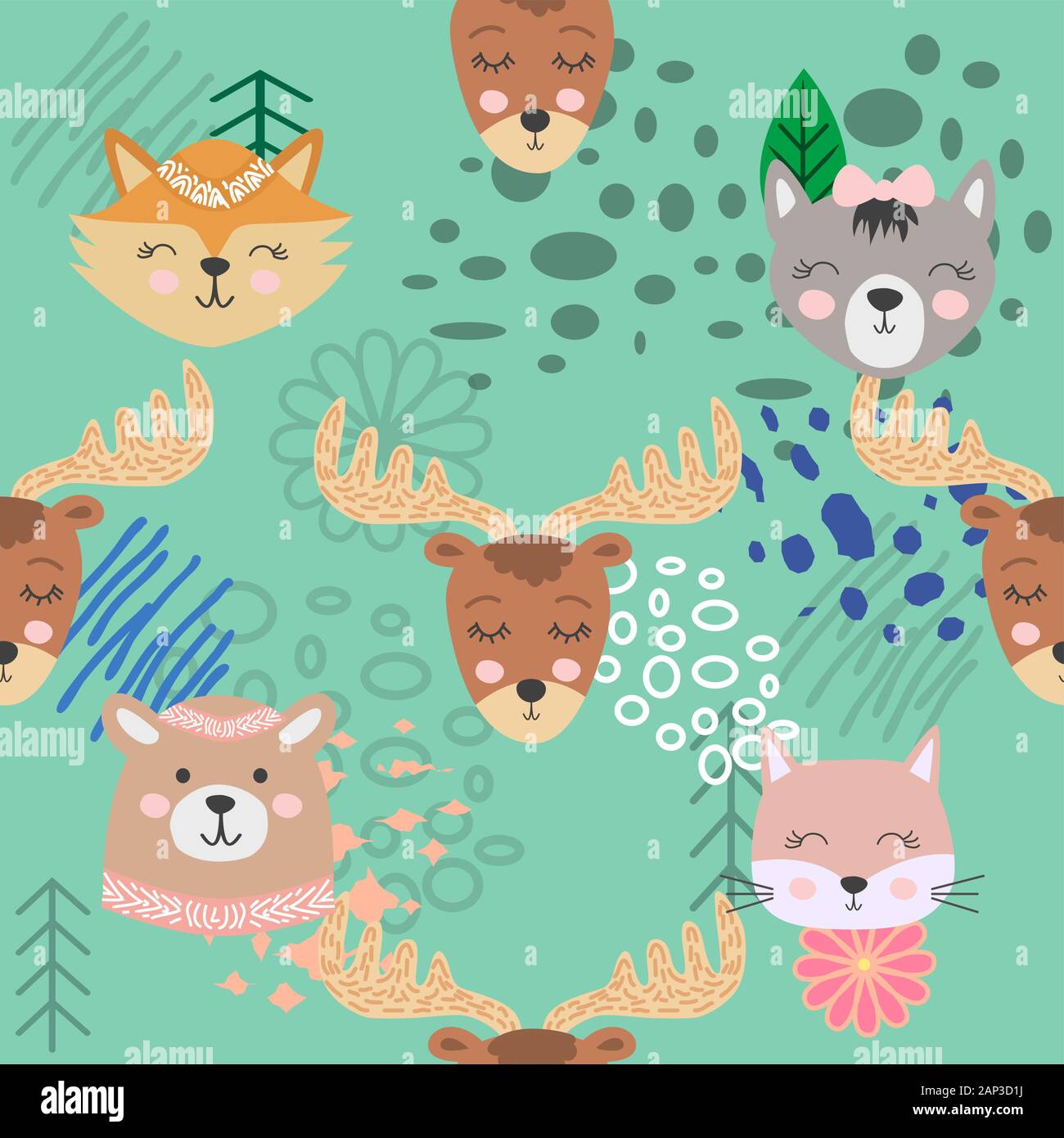 Hand drawn camping seamless pattern with cartoon characters Stock ...