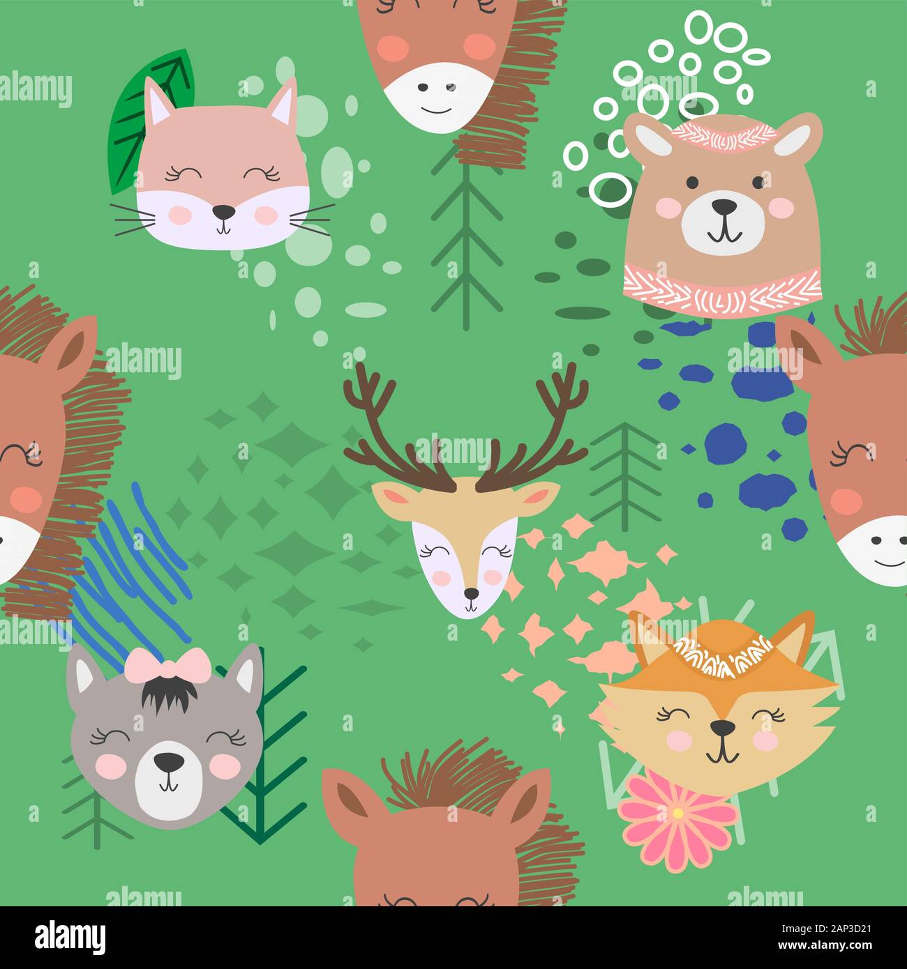 Hand drawn camping seamless pattern with cartoon characters Stock ...