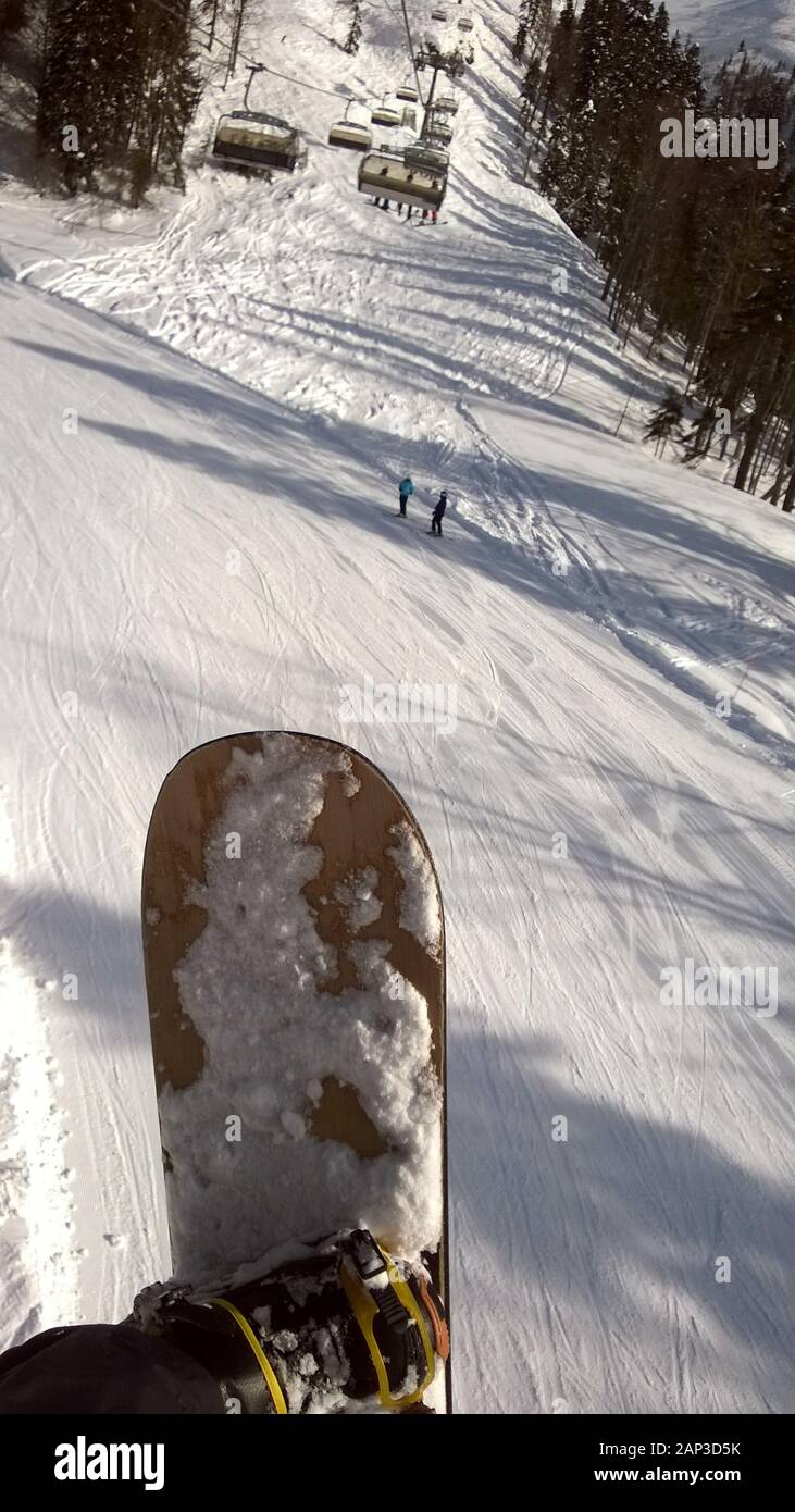 Feet snowboard slope Rosa Khutor Stock Photo Alamy