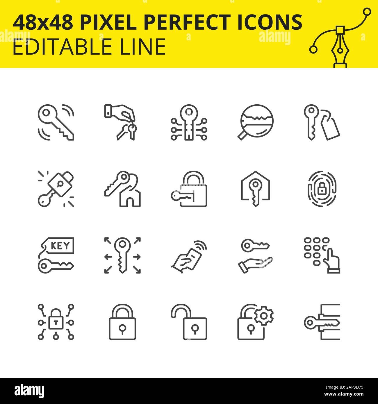Icons of Keys, Locks and Safety. Includes Fingerprint, Remote Controller, Keypad. Pixel Perfect Scaled Set 48x48. Vector. Stock Vector