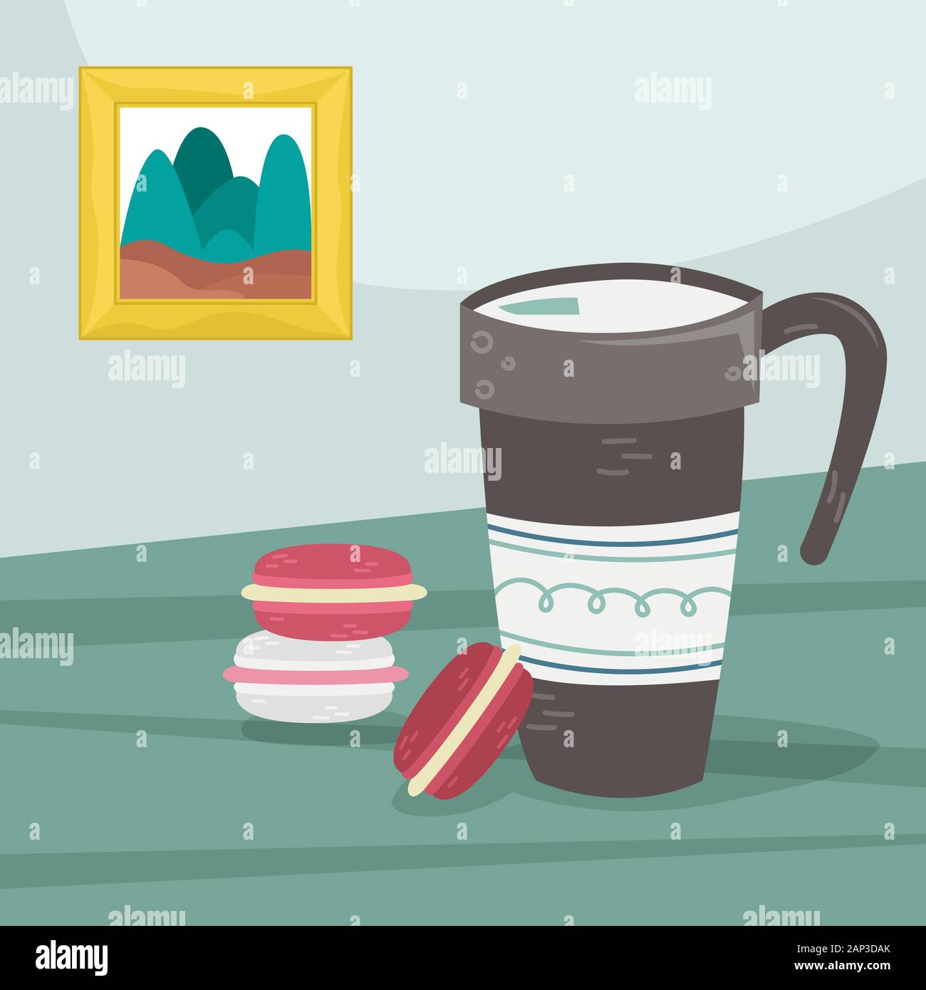 A travel mug with hot coffee and macaroons on the table. Flat vector ...