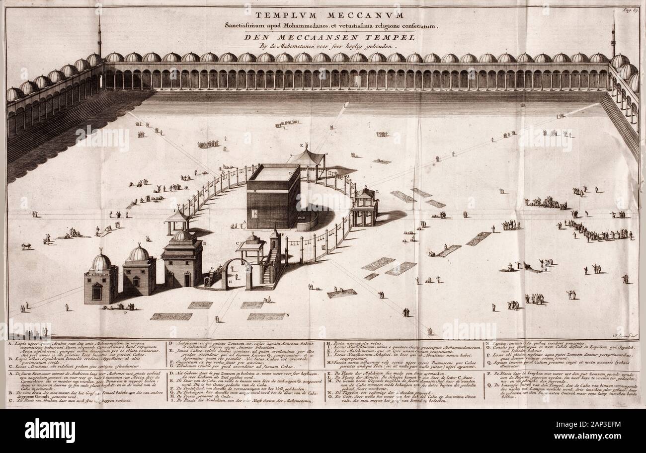 Temple in Mecca with detailed explanations A-Q, Kaaba, circa 1718 Stock Photo