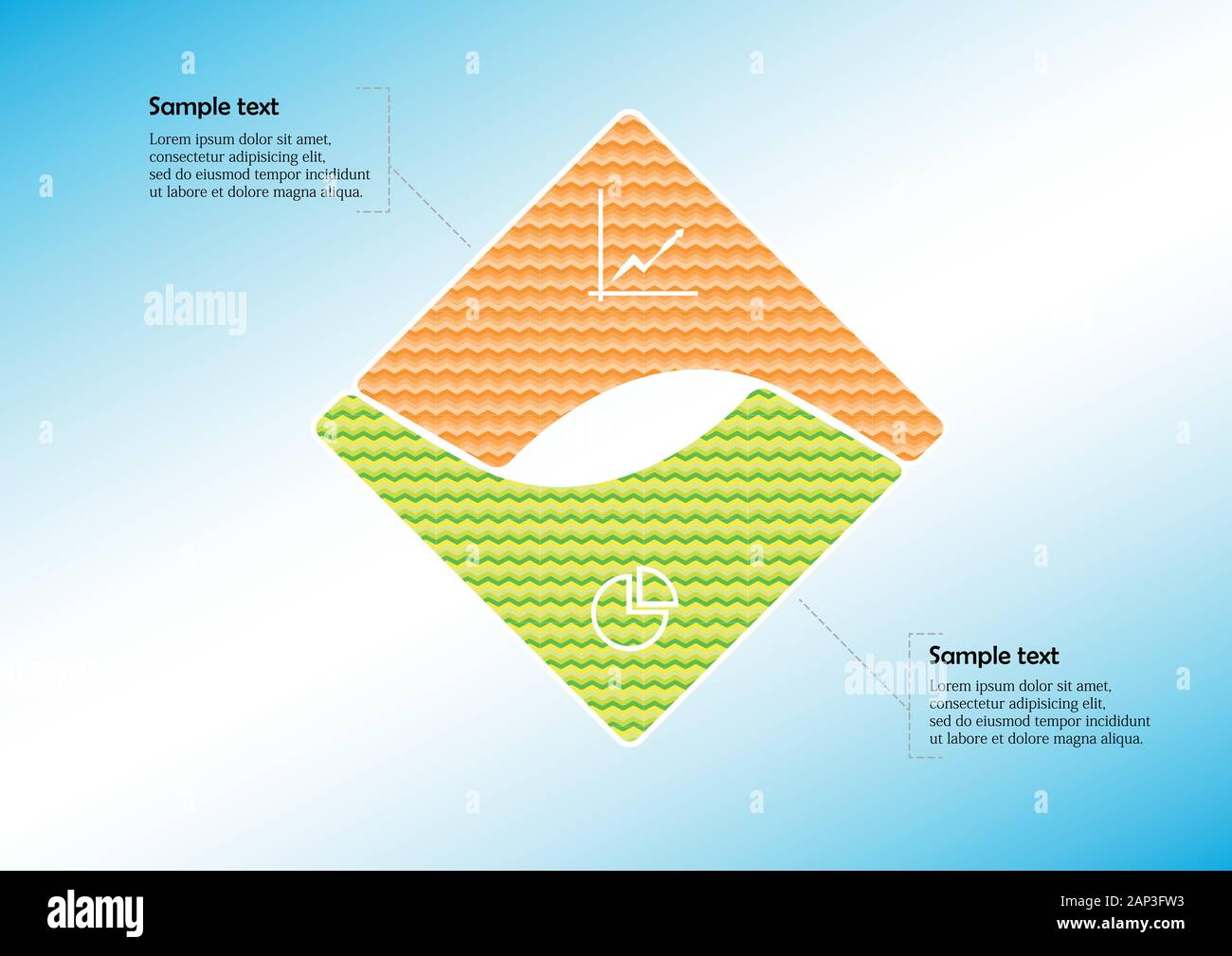 Infographic vector template with shape of square. Graphic is divided to two curved color parts filled by patterns. Each section is joined with simple Stock Vector