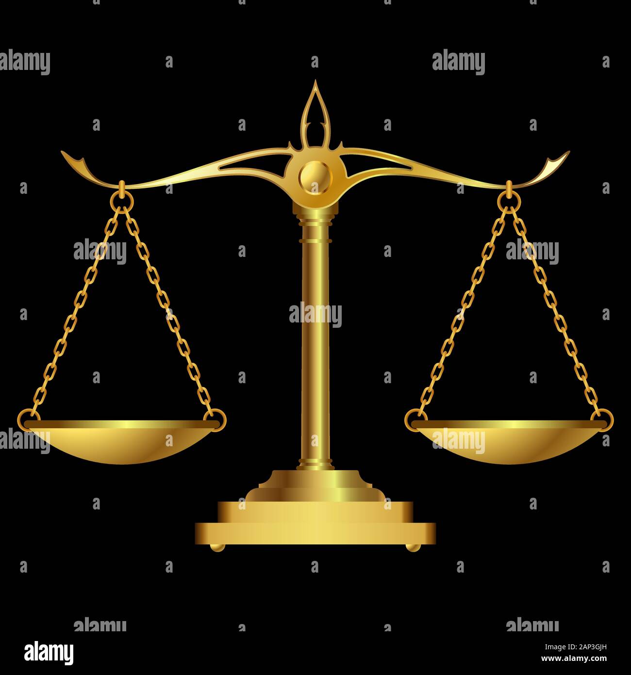 Gold scales justice on black background. vector illustration Stock