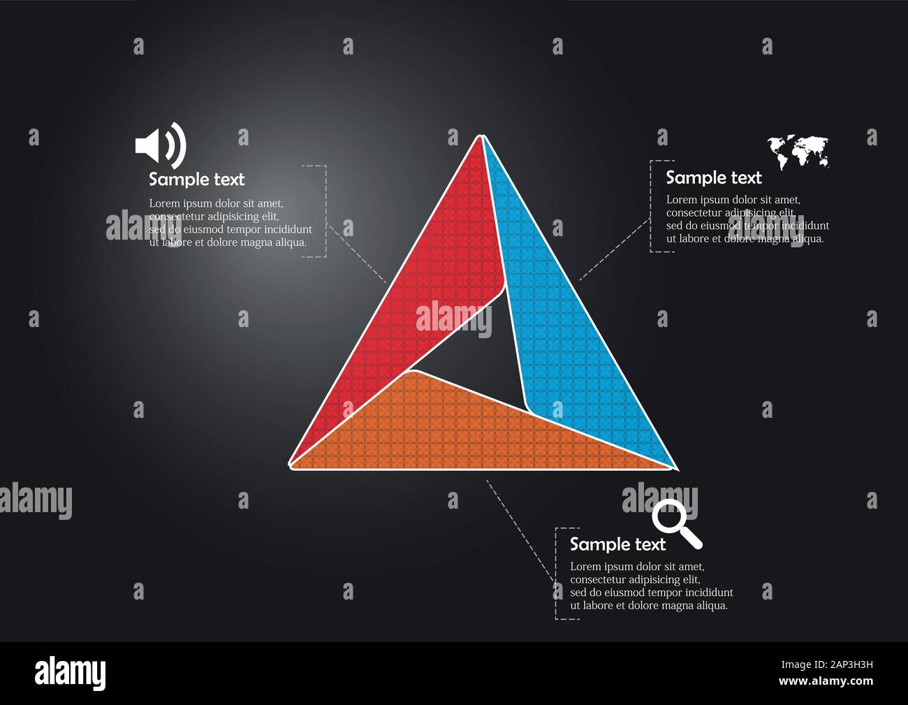 Infographic vector template with shape of triangle. Graphic is divided to three color parts filled by patterns. Each section is joined with simple sig Stock Vector