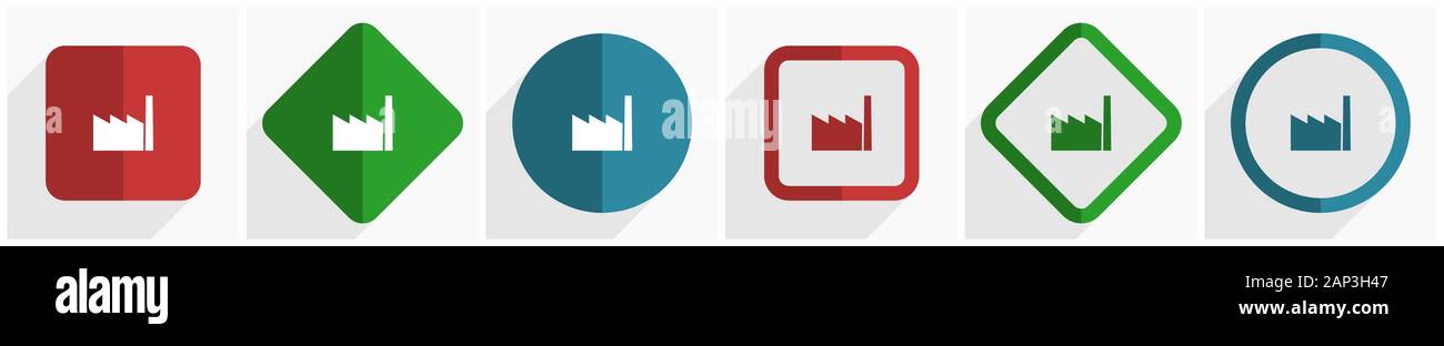 Factory icon set, flat design vector illustration in 6 options for ...