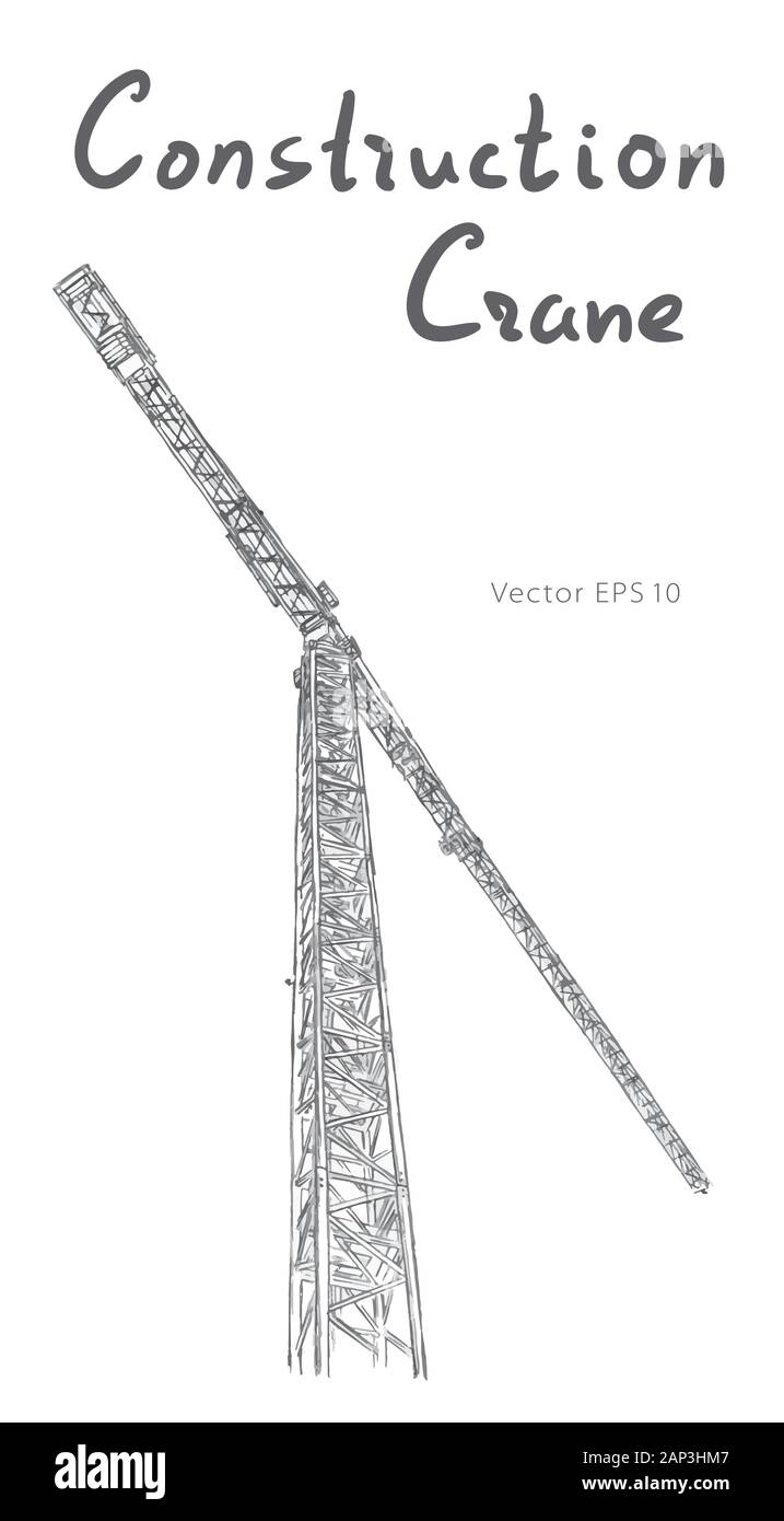 Tower construction crane. Vector line art on white Stock Vector