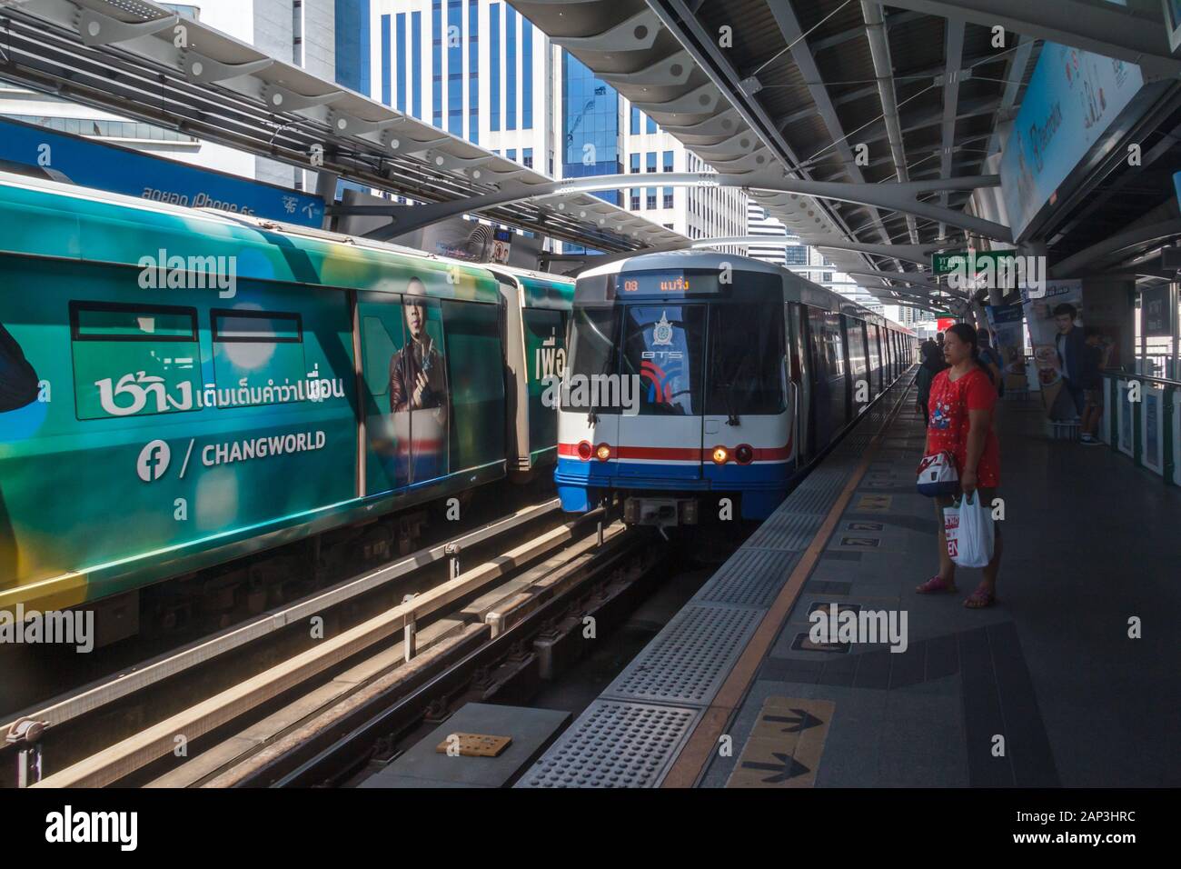 Bangkok, Thailand - September 29th 2016: Train arriving at BTS sky train station at Nana. This is known as the Sukhumvit line. Stock Photo