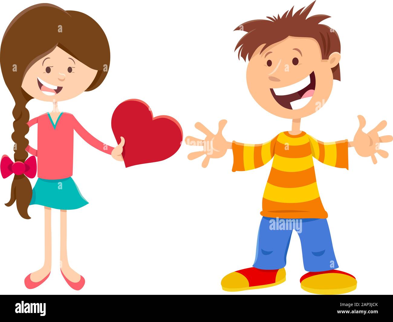 Greeting Card Cartoon Illustration with Happy Girl and Boy with Heart ...