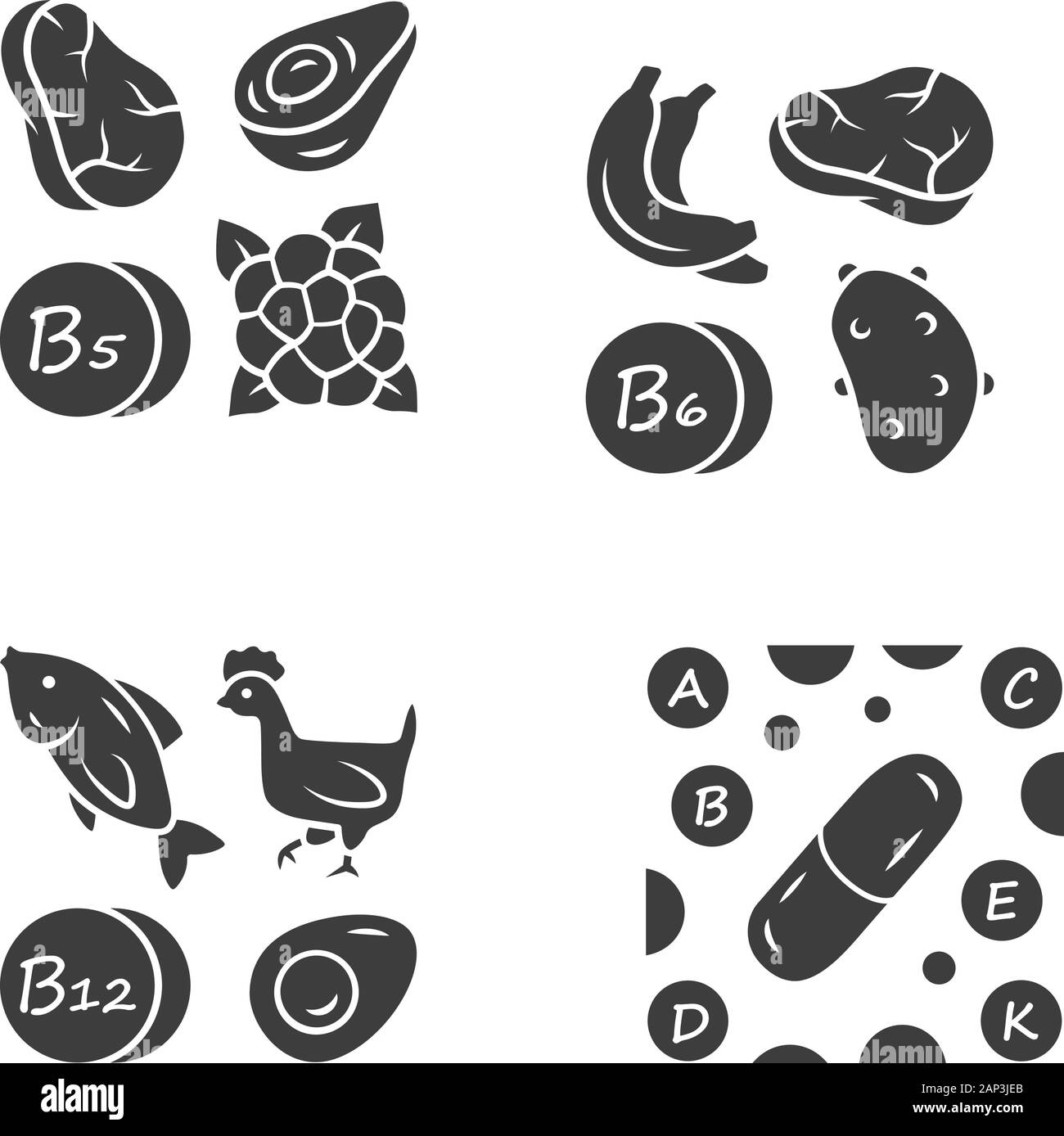 Vitamins glyph icons set. B5, B6, B12 natural food source. Vitamin pills. Fruits, meat, vegetables. Proper nutrition. Healthy food. Healthcare. Minera Stock Vector