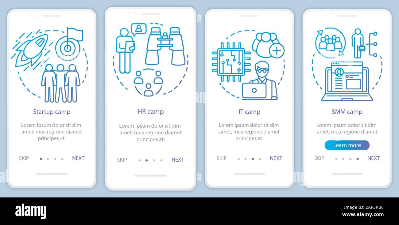 Startup, company camps onboarding mobile app page screen vector template. Team building, HR training. Walkthrough website steps with linear illustrati Stock Vector
