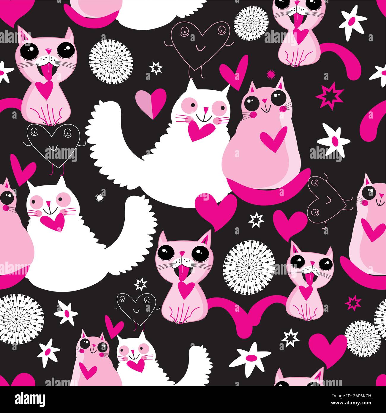Seamless bright festive pattern of cats in love on a dark background ...
