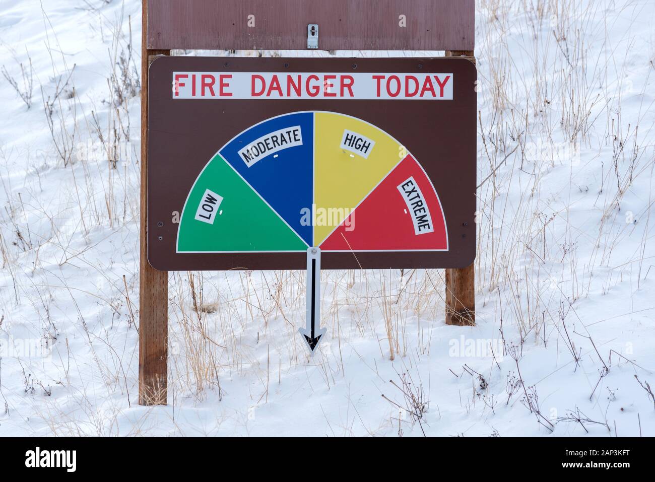 Fire danger sign in winter, Wallowa Valley, Oregon. Stock Photo