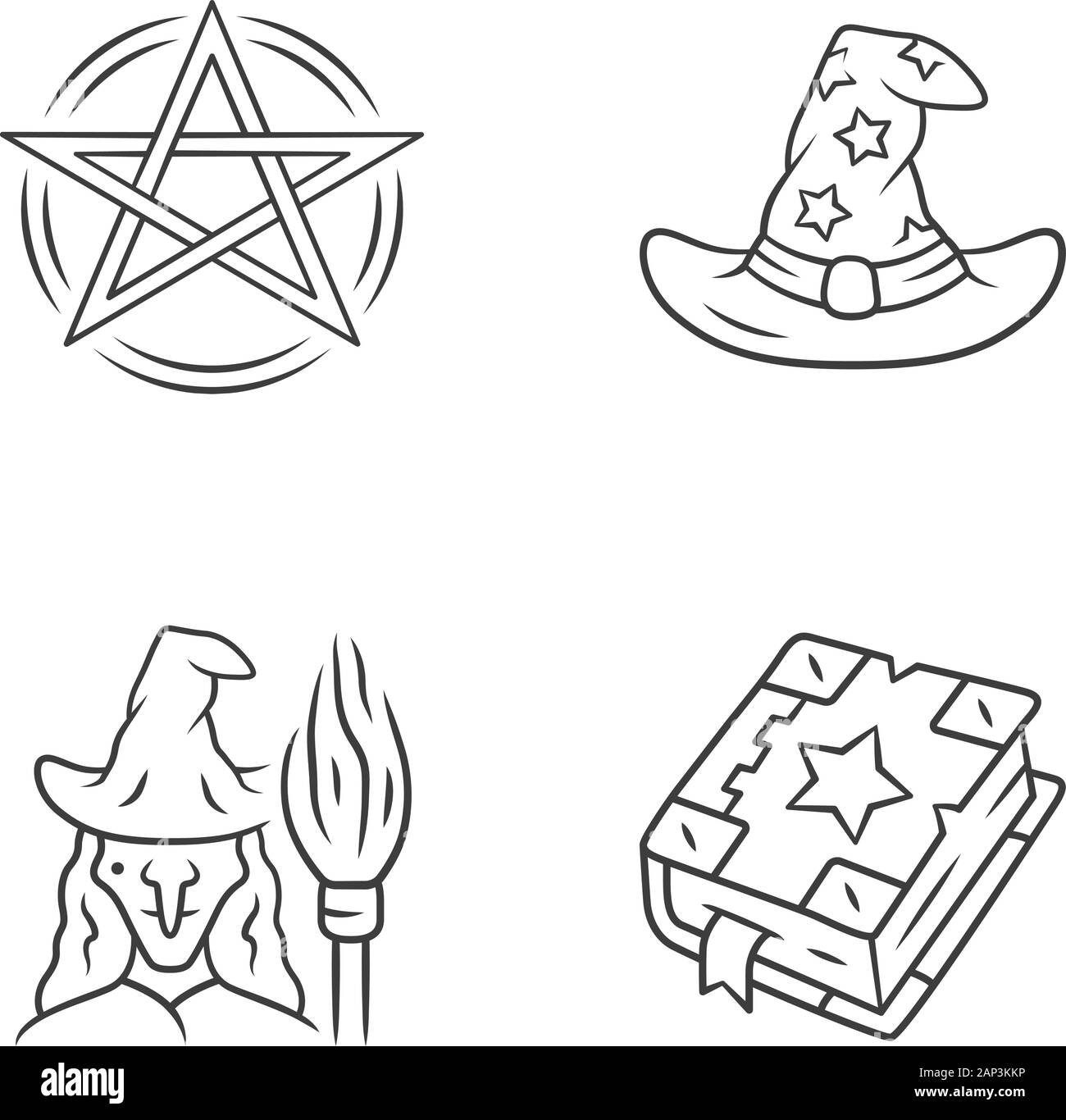 Magic linear icons set. Pentagram, wizard hat, witch, spell book. Witchcraft, occult ritual items. Mystery objects. Thin line contour symbols. Isolate Stock Vector