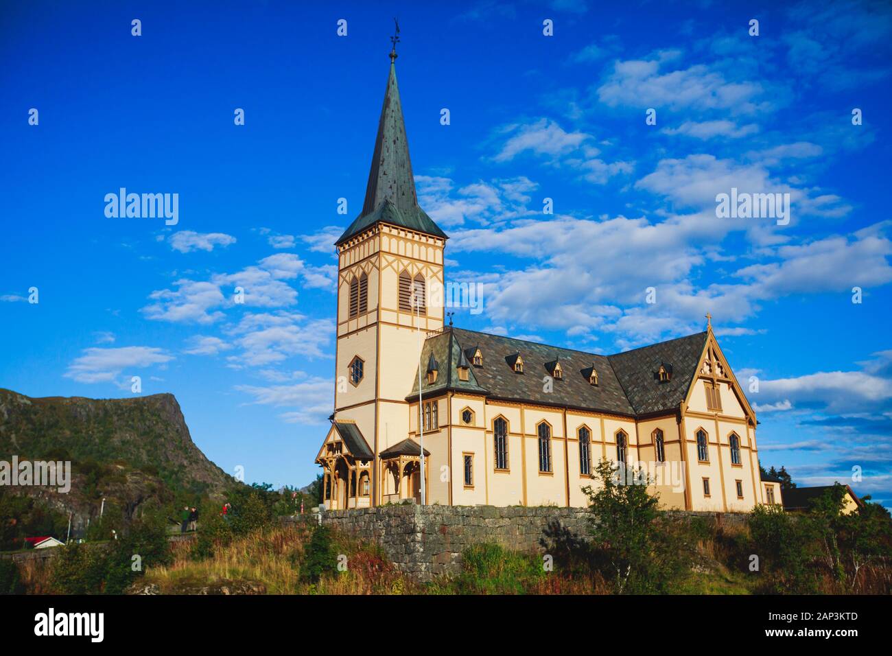 Lofoten Cathedral built in 1898 year, Lutheran parish church, Norway, Lofoten Islands, sunny summer day Stock Photo
