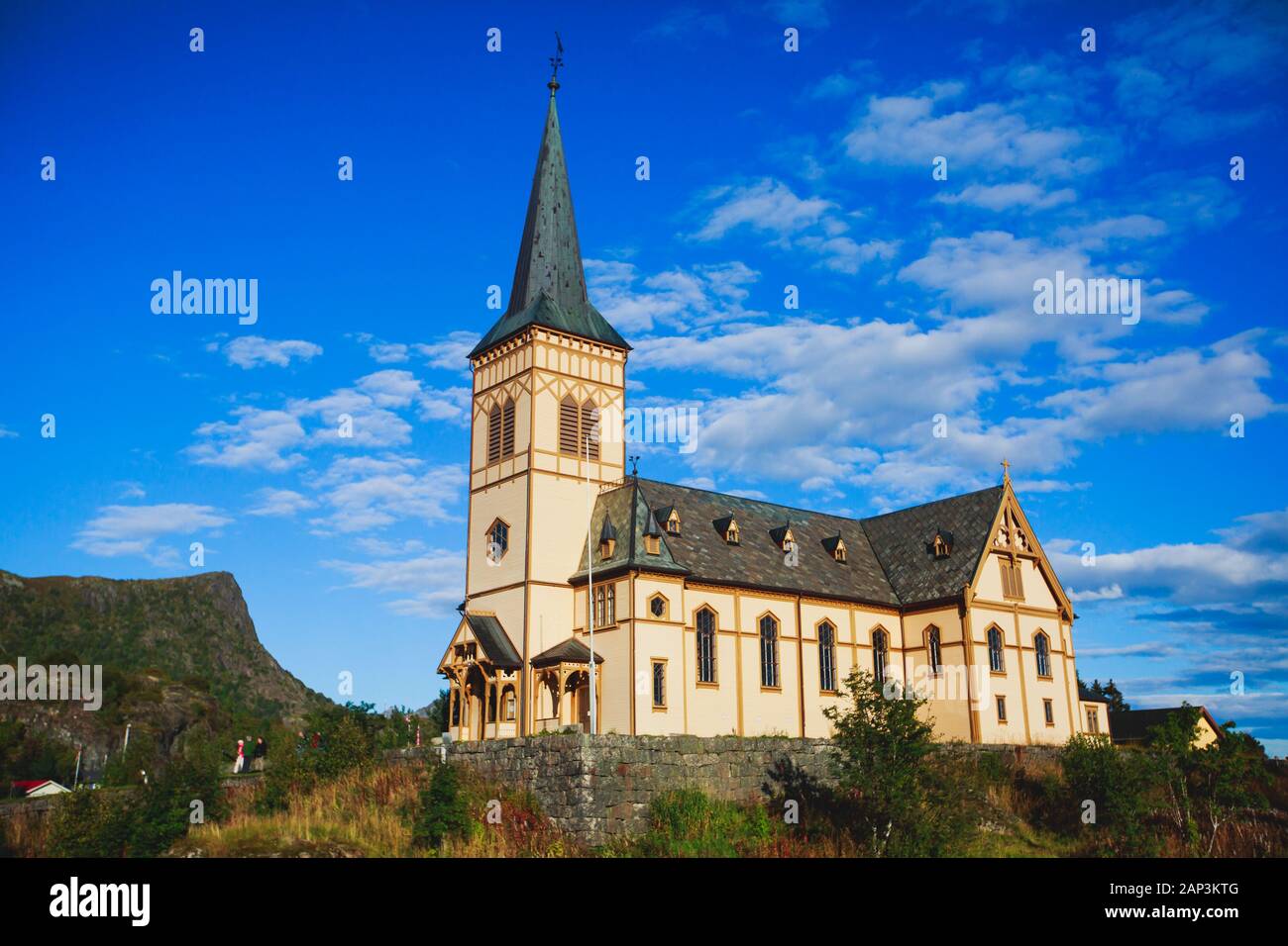 Lofoten Cathedral built in 1898 year, Lutheran parish church, Norway, Lofoten Islands, sunny summer day Stock Photo