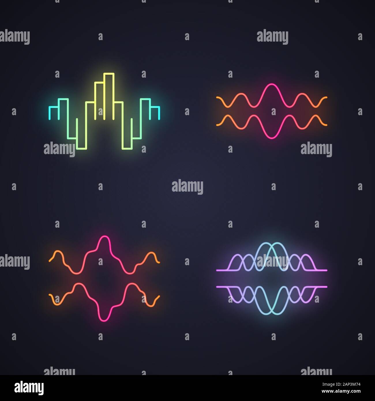 Sound waves neon light icons set. Glowing signs. Audio, music, radio ...