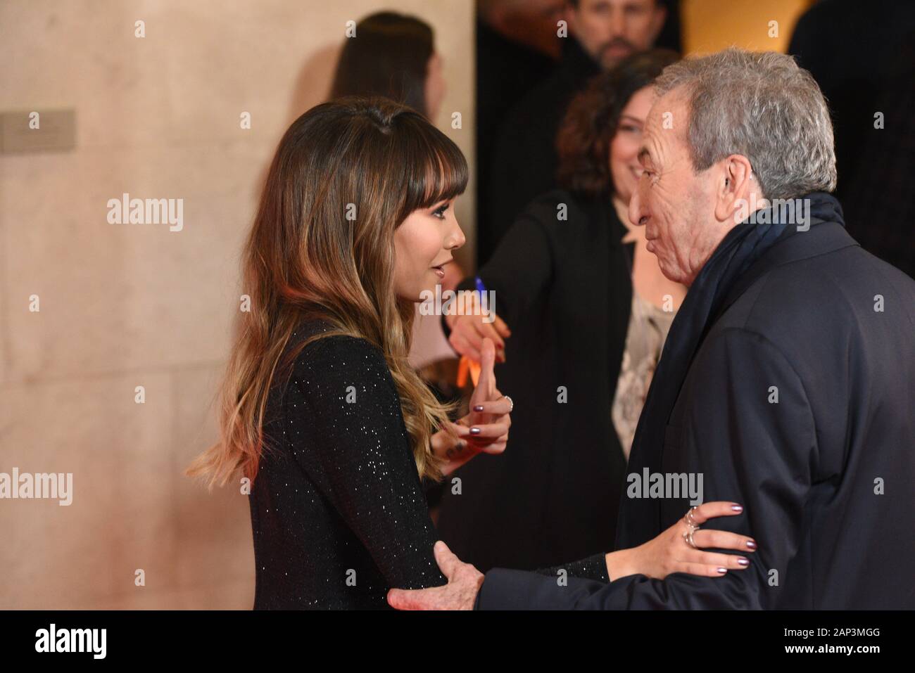 Spanish singer Aitana Ocaña (L) and  singer Jose Luis Perales attend a photocall prior to the Odeon Music Awards gala at the Royal Theater in Madrid. Stock Photo