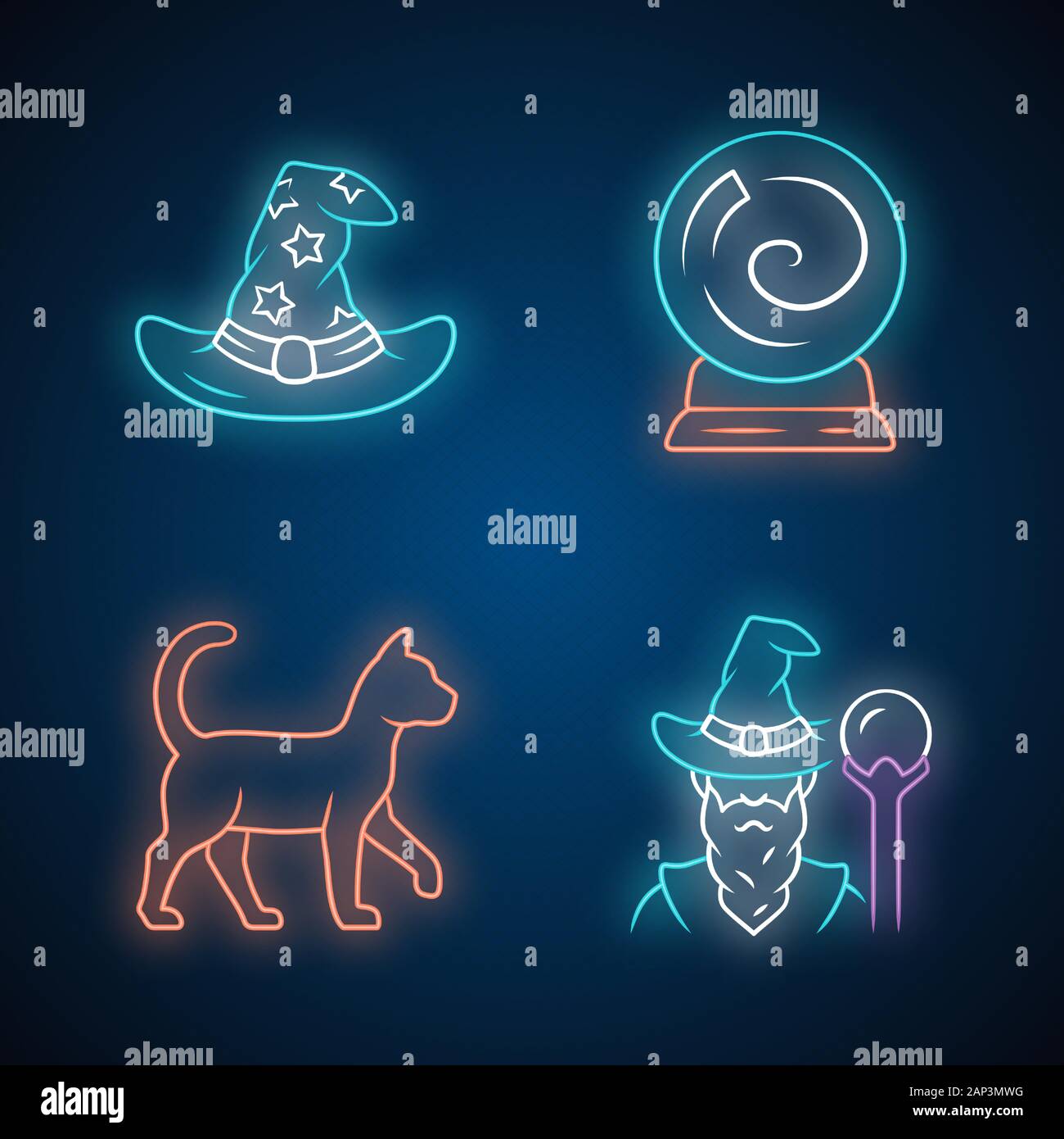 Magic Neon Light Icons Set Wizard Hat Fortune Telling Crystal Ball Witch Cat Magician Witchcraft Sorcery Mystic Items Halloween Symbols Glowin Stock Vector Image Art Alamy