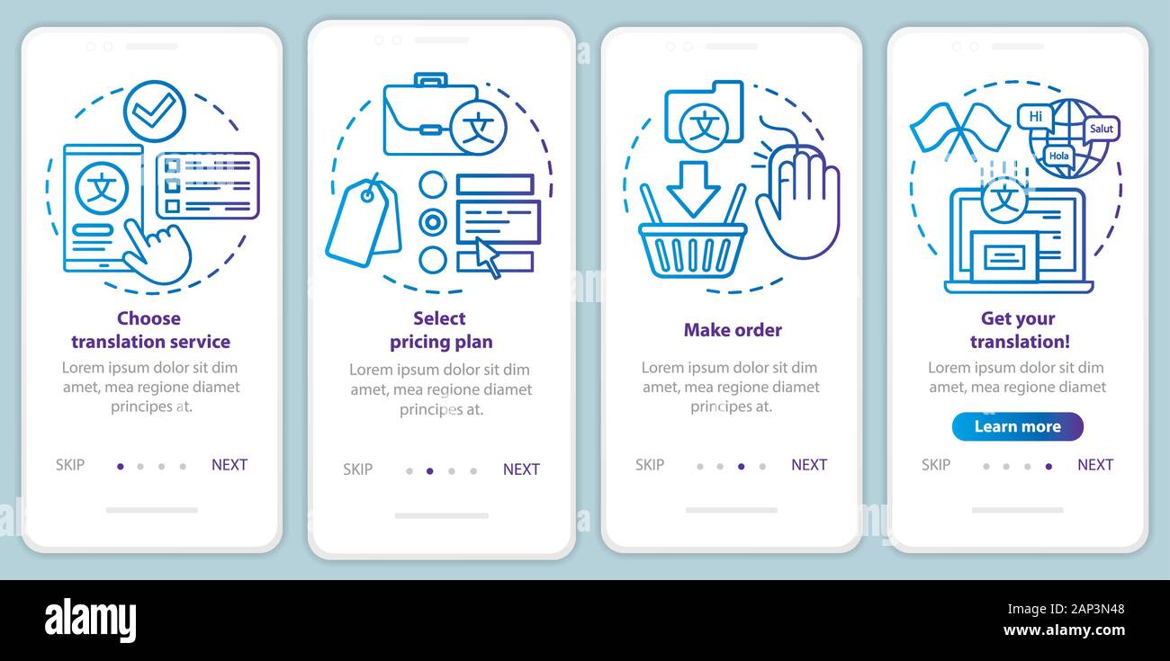 Translation service process blue onboarding mobile app page screen vector template. Select pricing plan. Walkthrough website steps with linear illustr Stock Vector