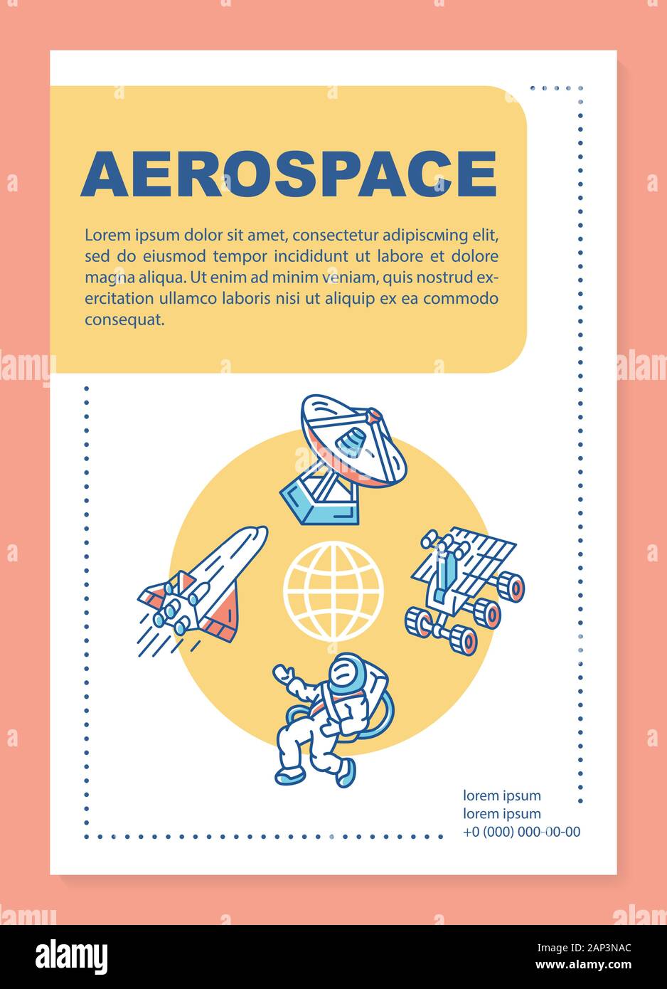 Aerospace industry poster template layout. Cosmos, space exploration. Banner, booklet, leaflet print design with linear icons. Vector brochure page la Stock Vector